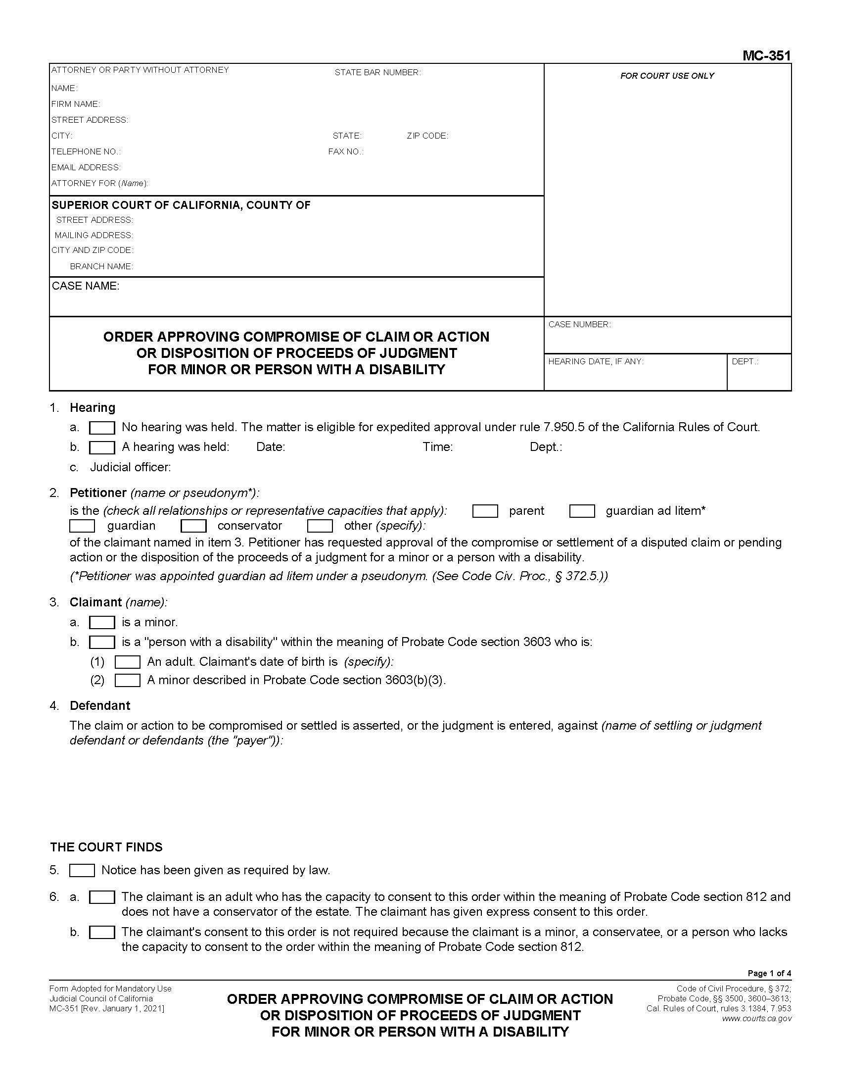 Order Approving Compromise Of Claim Or Action Or Disposition Of Proceeds {MC-351} | Pdf Fpdf Doc Docx | California