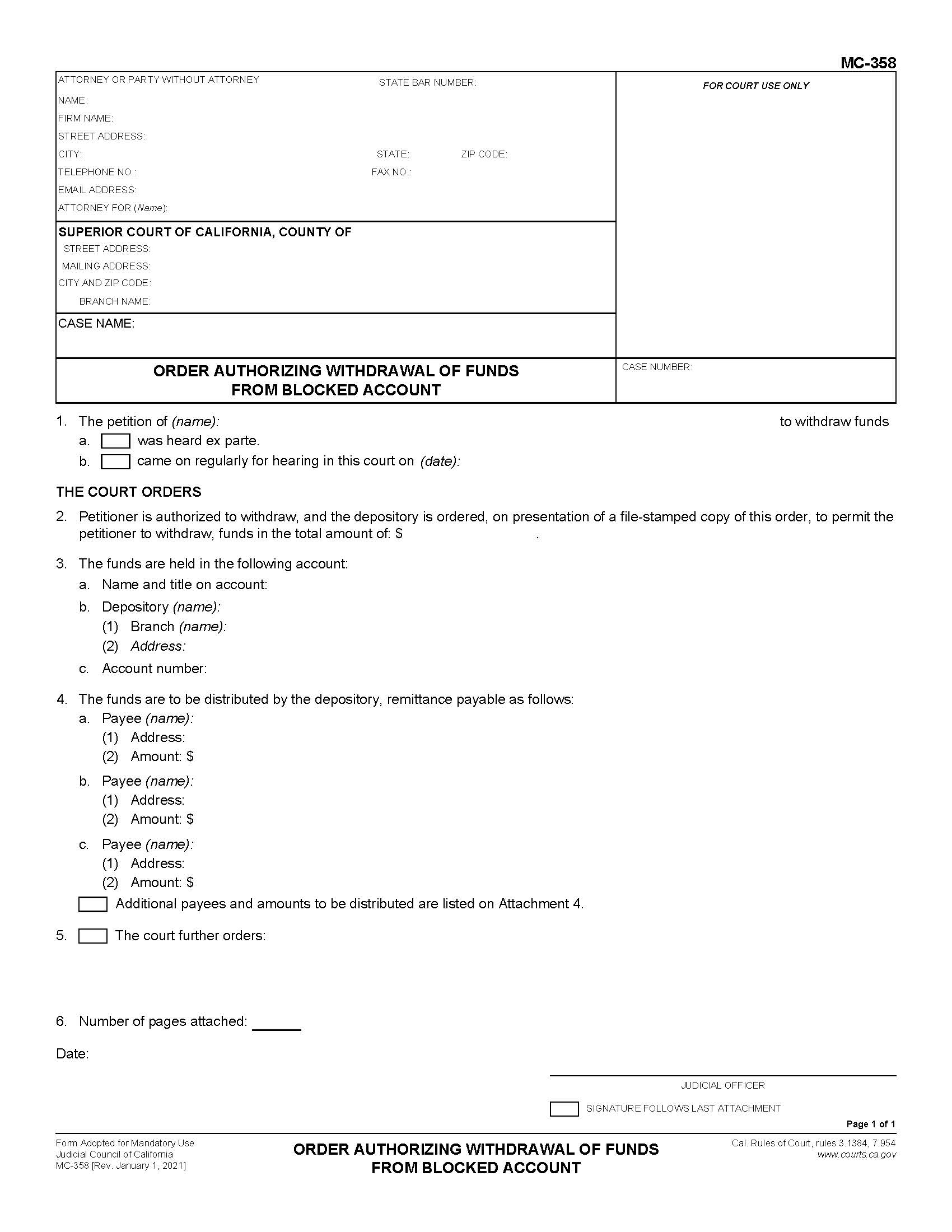 Order Authorizing Withdrawal Of Funds From Blocked Account {MC-358} | Pdf Fpdf Doc Docx | California