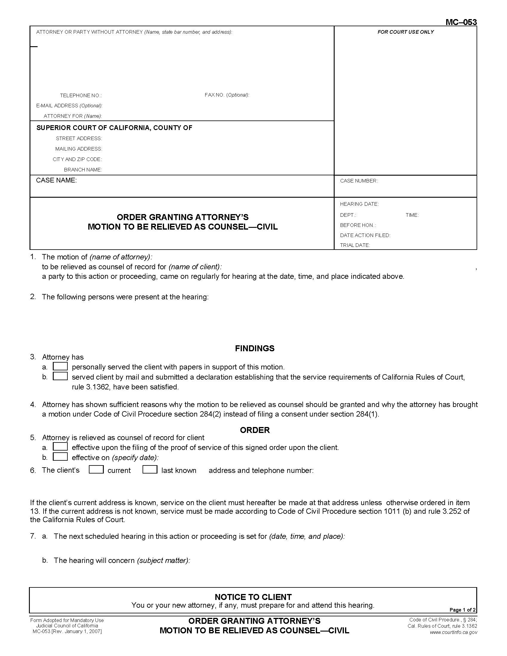 Order Granting Attorneys Motion To Be Relieved As Counsel Civil {MC-053} | Pdf Fpdf Doc Docx | California
