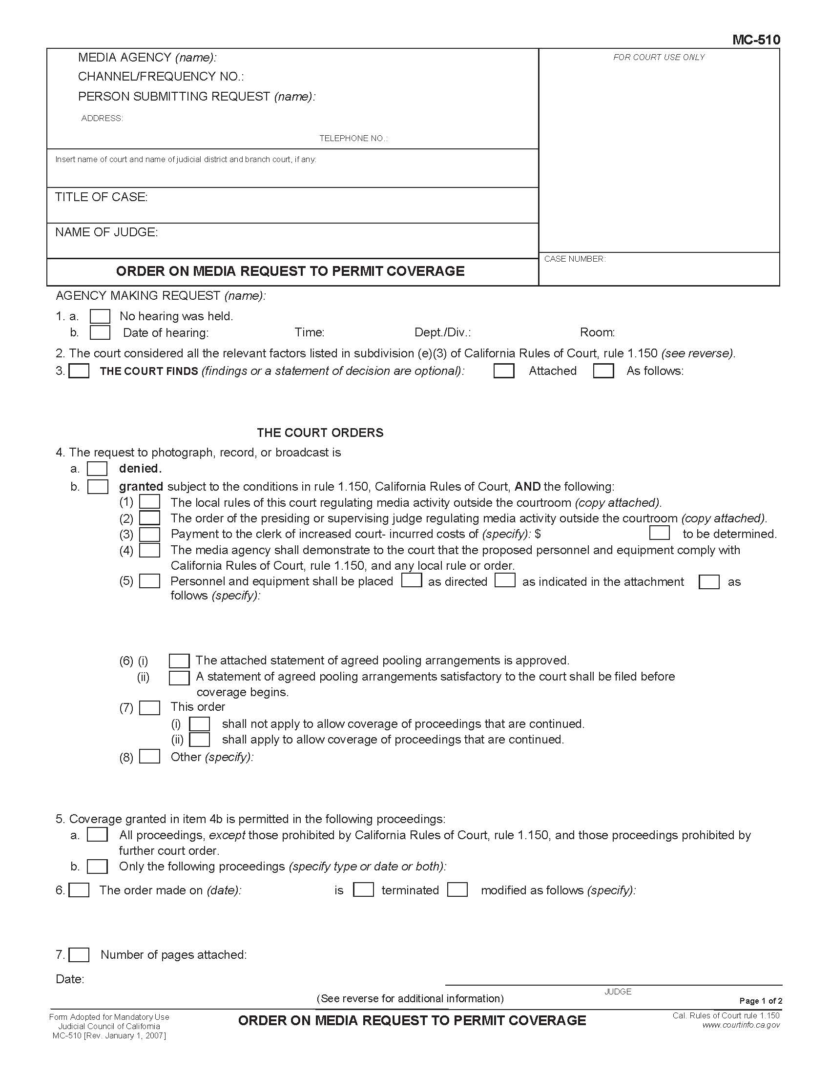 Order On Media Request To Permit Coverage {MC-510} | Pdf Fpdf Doc Docx | California