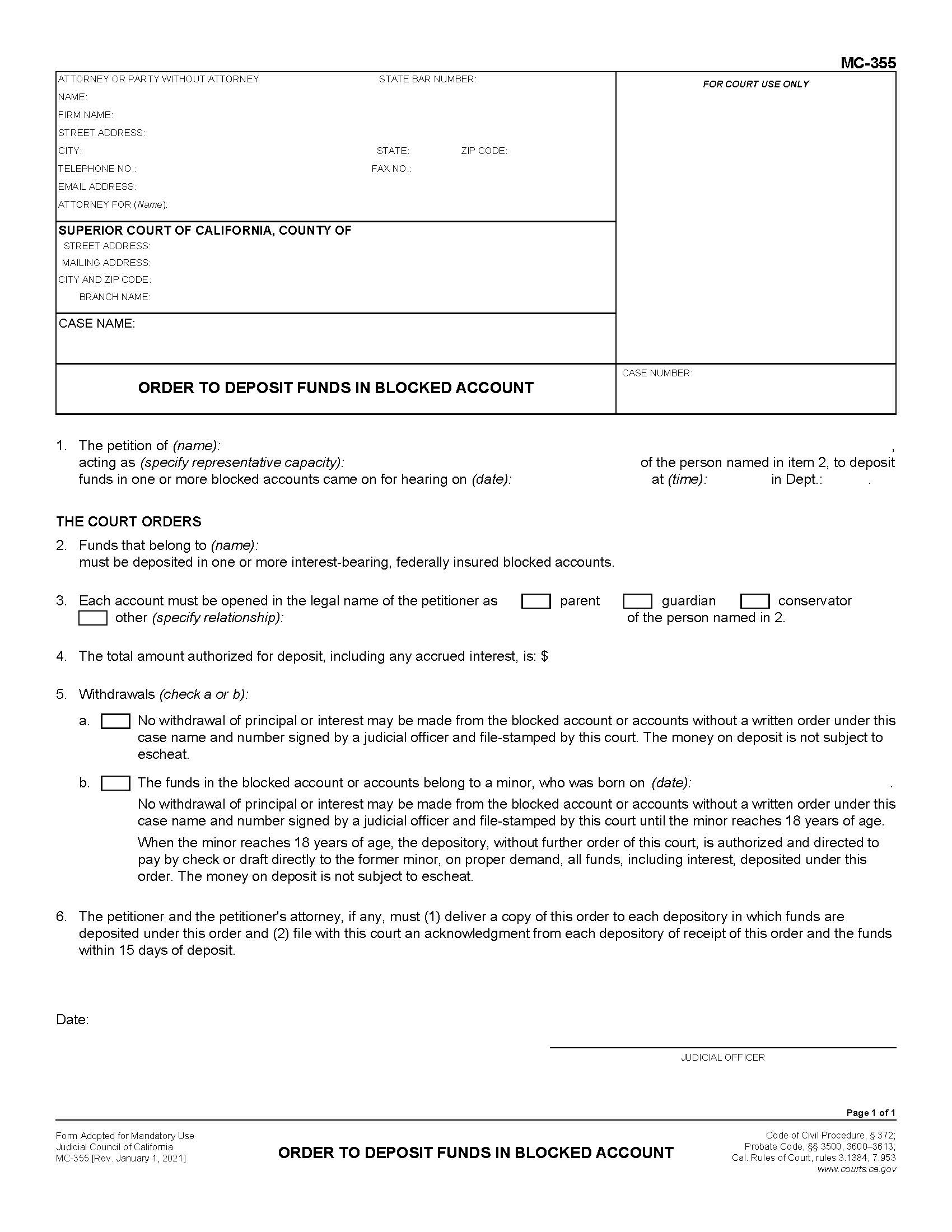 Order To Deposit Funds In Blocked Account {MC-355} | Pdf Fpdf Doc Docx | California
