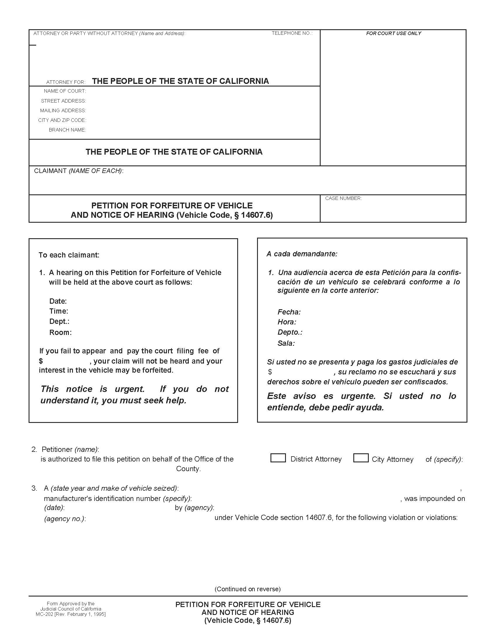 Petition For Forfeiture Of Vehicle And Notice Of Hearing {MC-202} | Pdf Fpdf Doc Docx | California