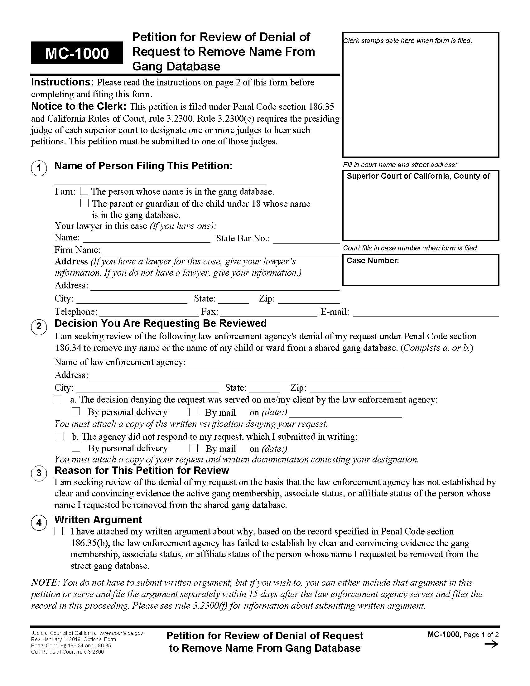Petition For Review Of Denial Of Request To Remove Name From Gang Database {MC-1000} | Pdf Fpdf Docx | California