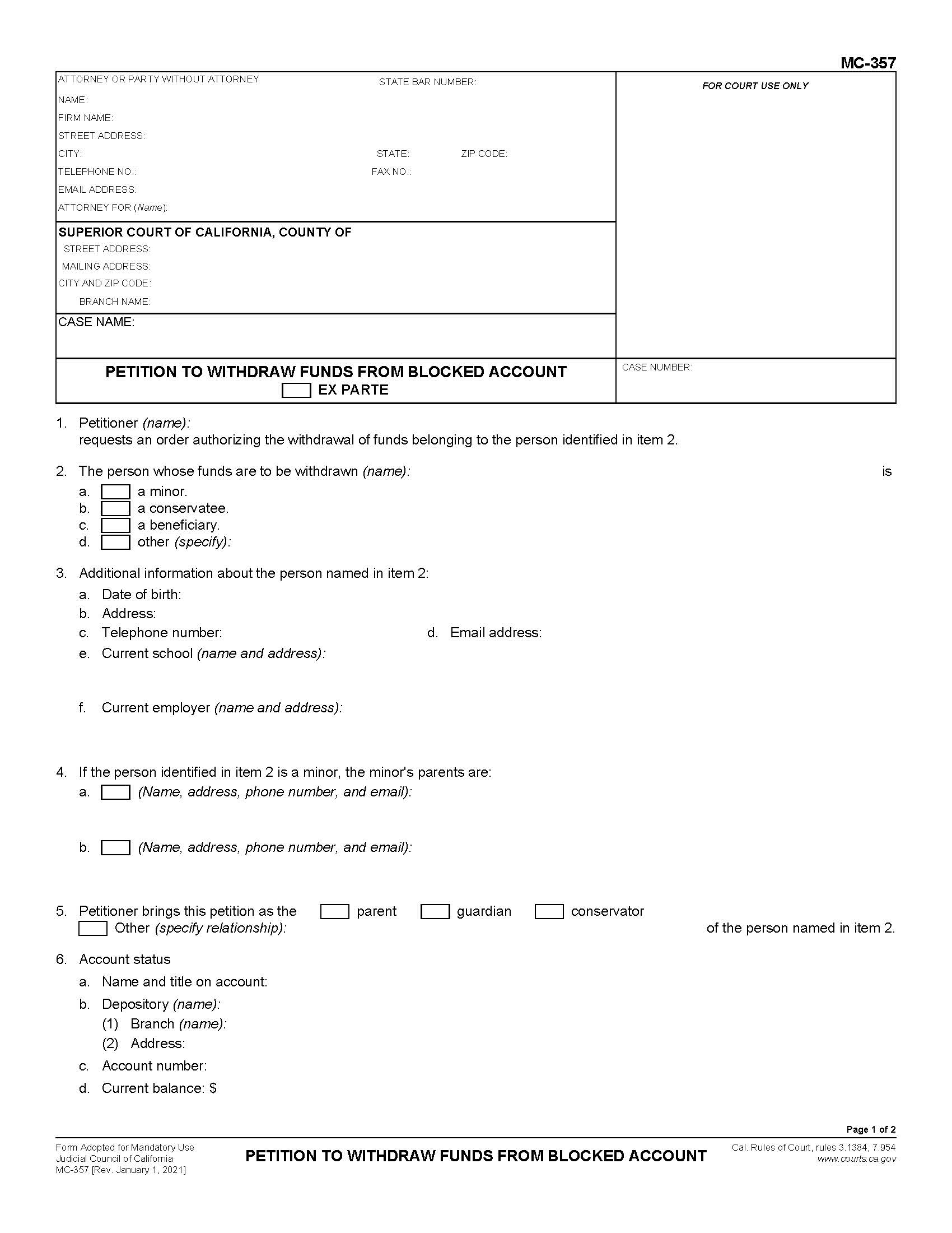 Petition To Withdraw Funds From Blocked Account {MC-357} | Pdf Fpdf Doc Docx | California
