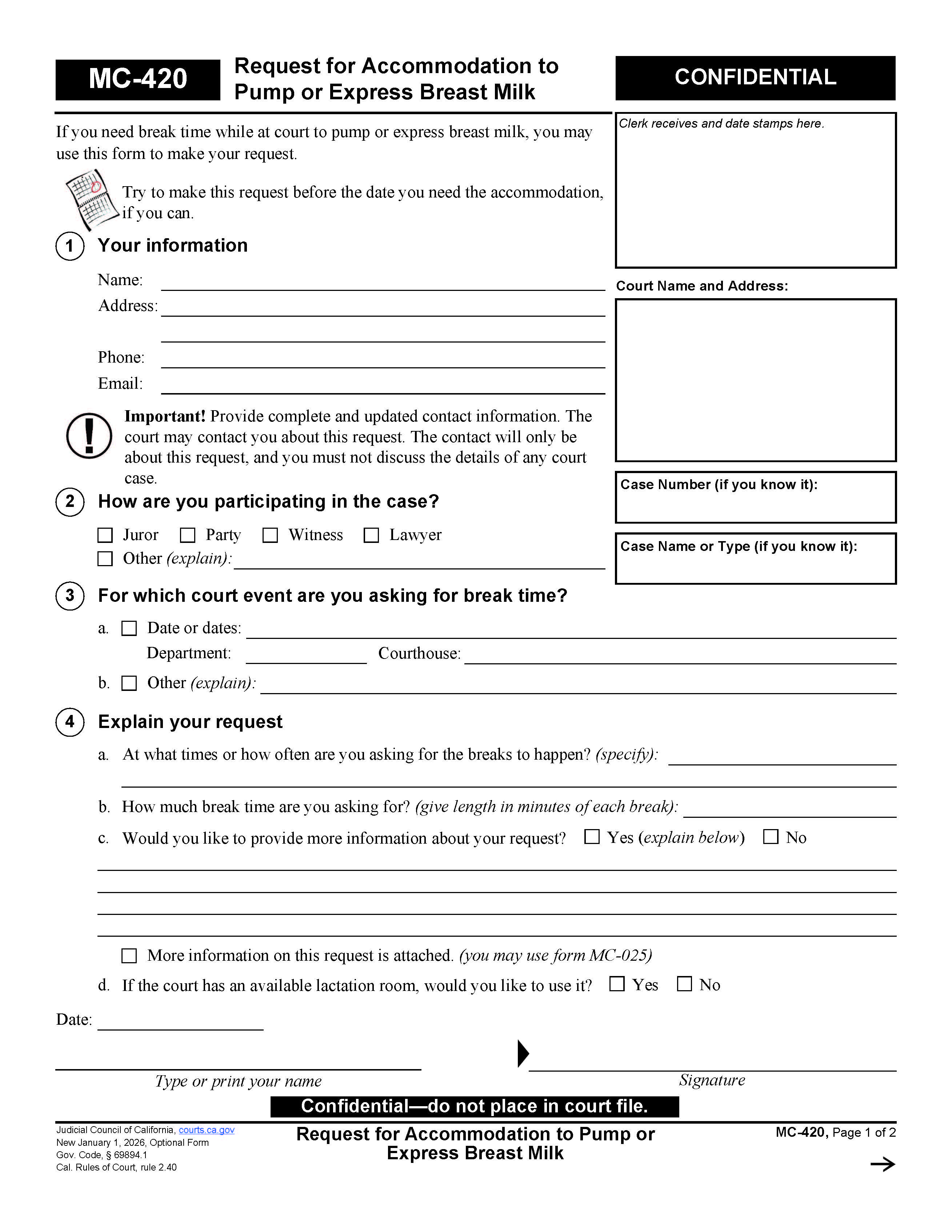 Request For Accommodation To Pump Or Express Breast Milk {MC-420} | Pdf Fpdf Docx | California