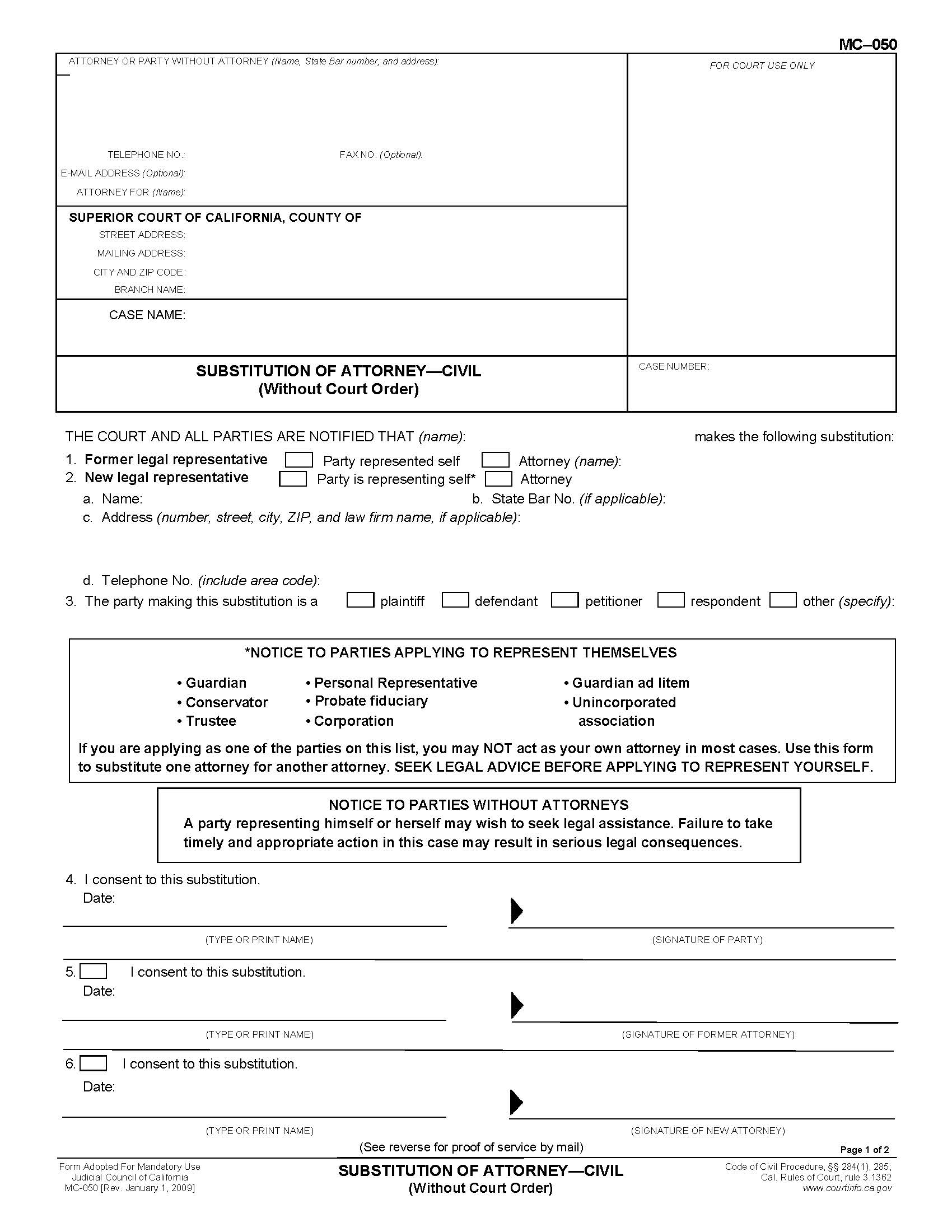 Substitution Of Attorney-Civil (Without Court Order) {MC-050} | Pdf Fpdf Doc Docx | California