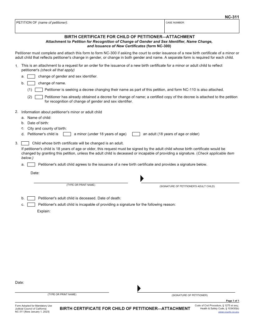 Birth Certificate For Child Of Petitioner-Attachment {NC-311} | Pdf Fpdf Docx | California