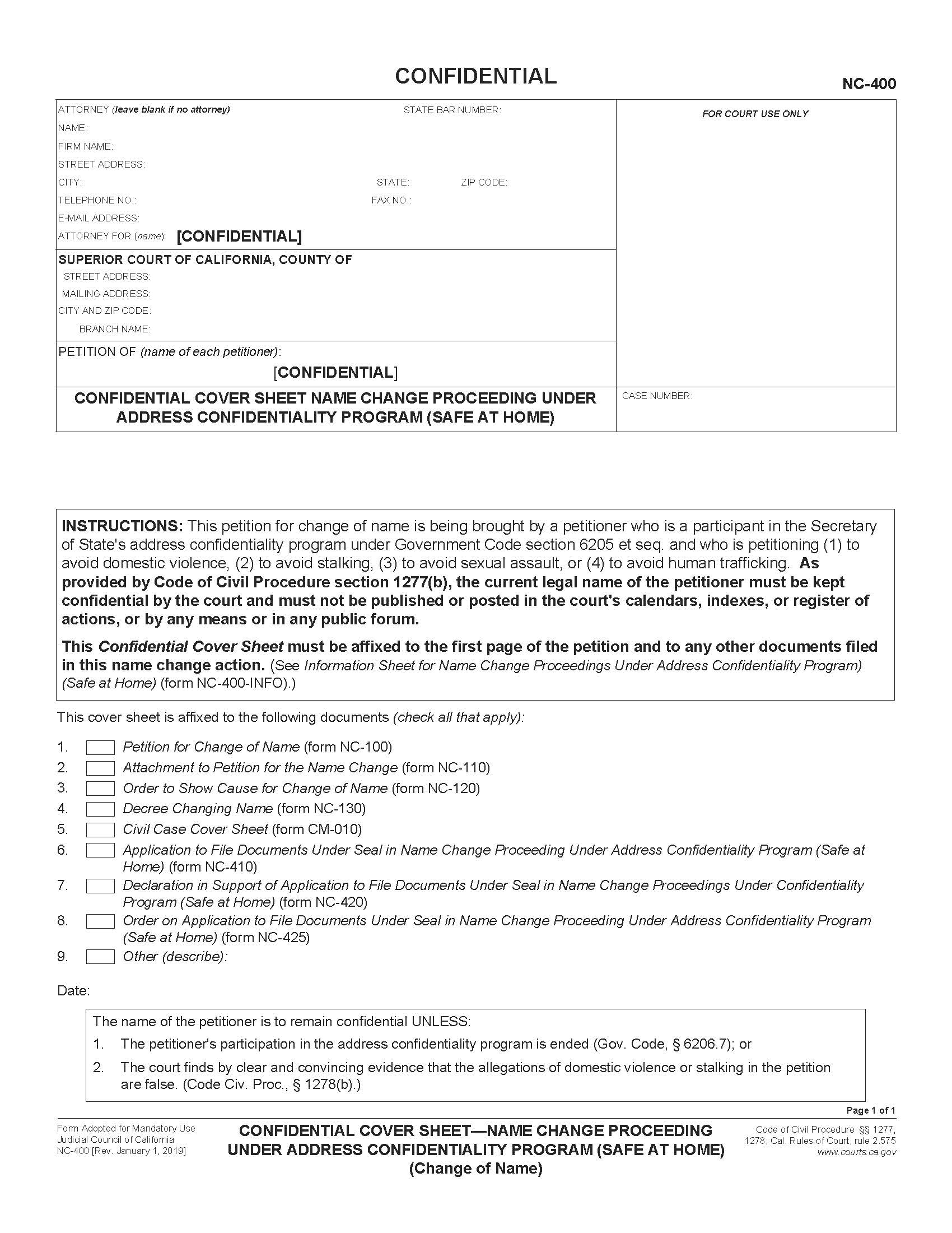 Confidential Cover Sheet-Name Change Proceedings Under Address Confidentiality Program {NC-400} | Pdf Fpdf Docx | California