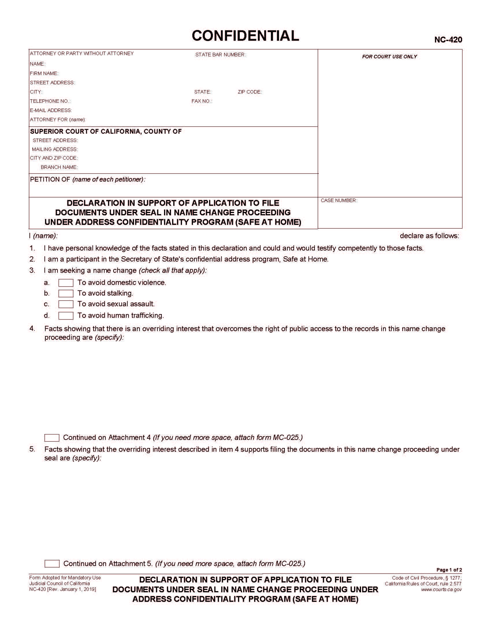 Declaration In Support Of Publication To File Documents Under Seal {NC-420} | Pdf Fpdf Docx | California