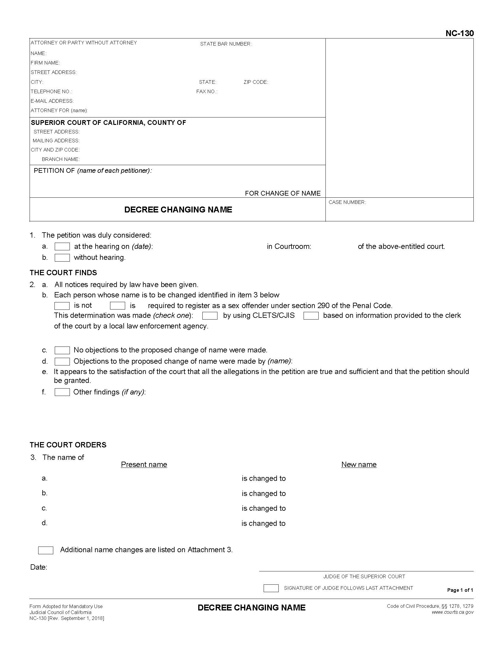 Decree Changing Name {NC-130} | Pdf Fpdf Docx | California