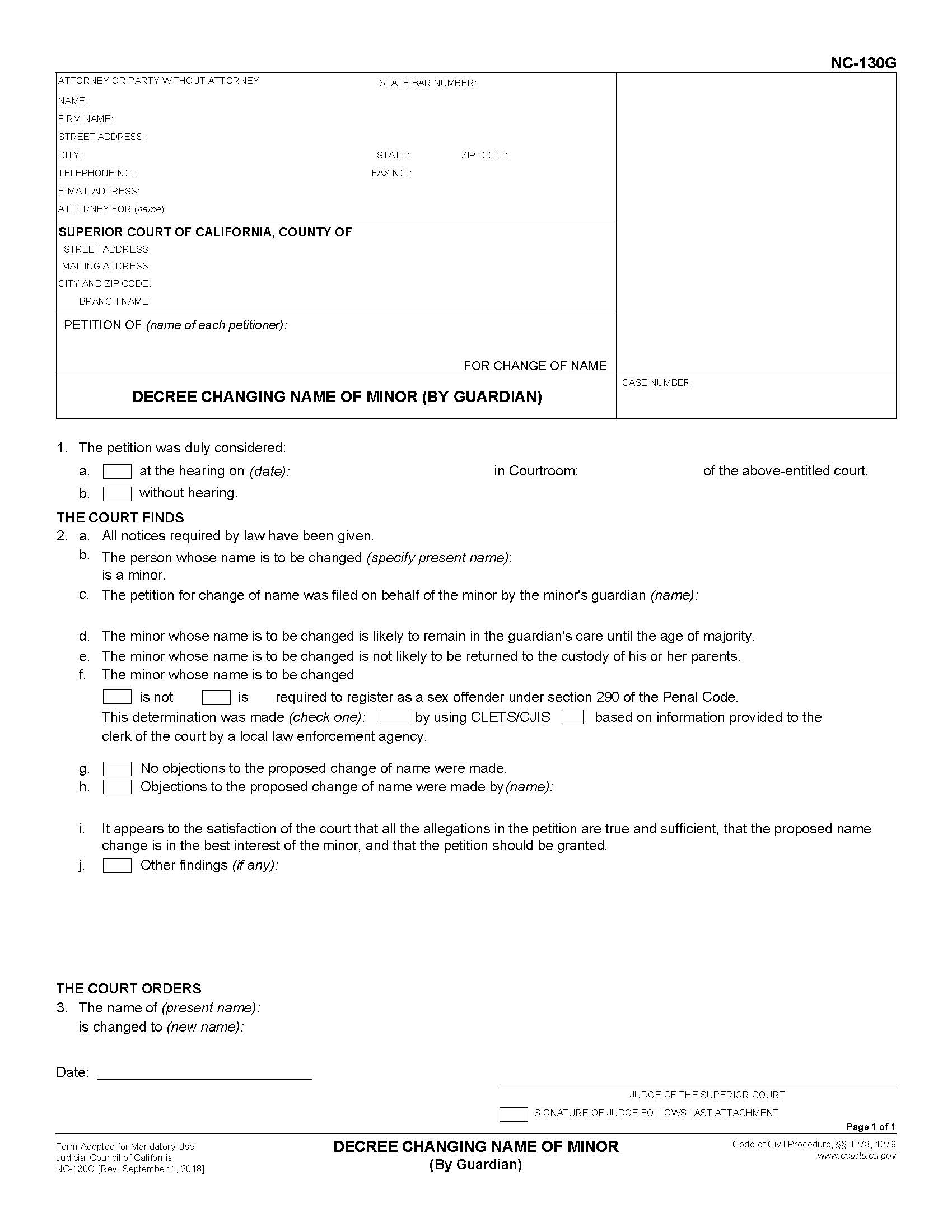 Decree Changing Name Of Minor (By Guardian) {NC-130G} | Pdf Fpdf Docx | California