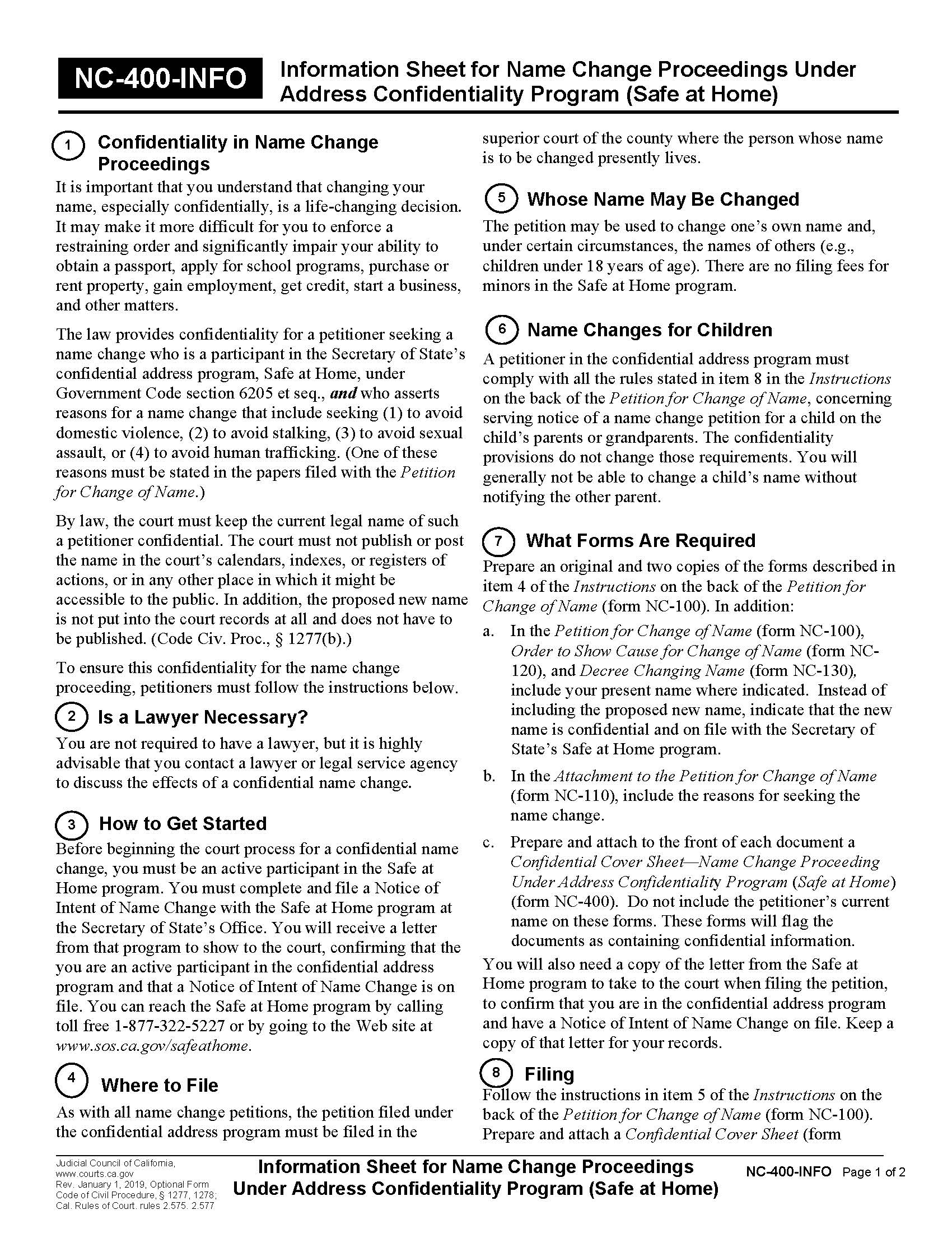 Information Sheet For Name Change Proceedings Under Address Confidentiality Program {NC-400-INFO} | Pdf Fpdf Docx | California