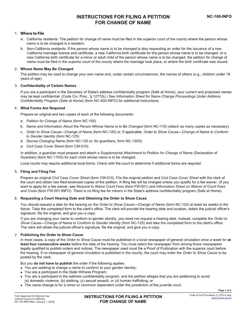 Instructions For Filing A Petition For Change Of Name {NC-100-INFO} | Pdf Fpdf Docx | California