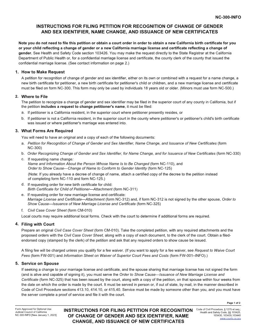 Instructions For Filing Petition For Recognition Of Change Of Gender And Sex {NC-300-INFO} | Pdf Fpdf Docx | California
