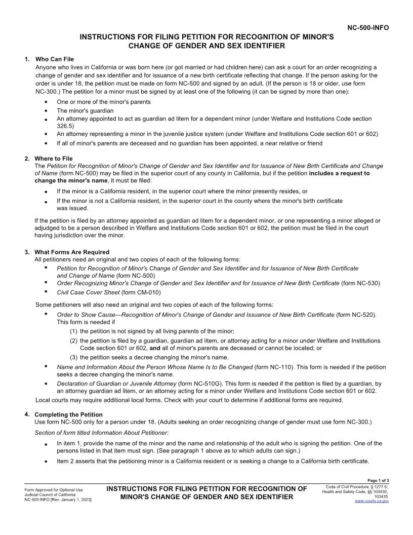 Instructions For Filing Petition For Recognition Of Minors Change Of Gender {NC-500-INFO} | Pdf Fpdf Docx | California
