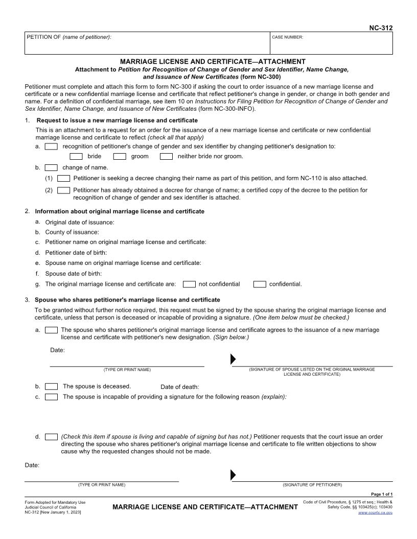 Marriage License And Certificate-Attachment {NC-312} | Pdf Fpdf Docx | California
