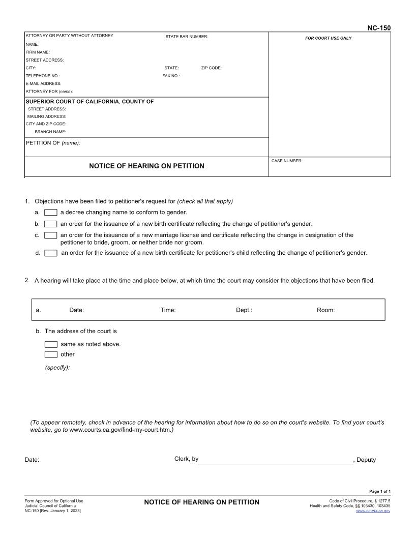 Notice Of Hearing On Petition {NC-150} | Pdf Fpdf Docx | California