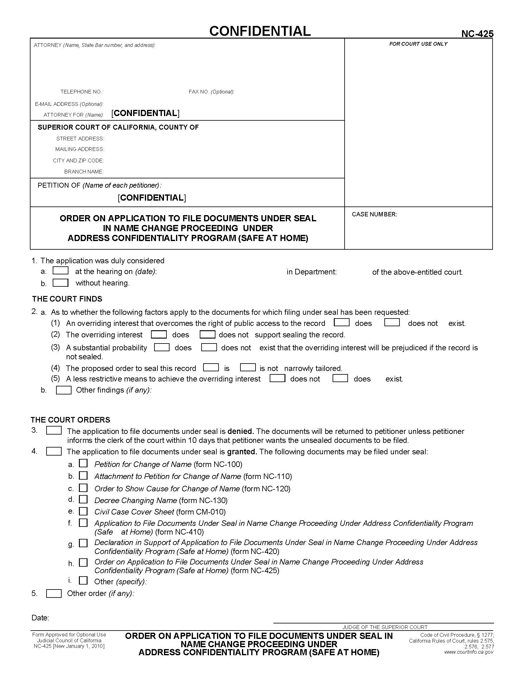 Order On Application To File Documents Under Seal In Name Change Proceeding {NC-425} | Pdf Fpdf Doc Docx | California