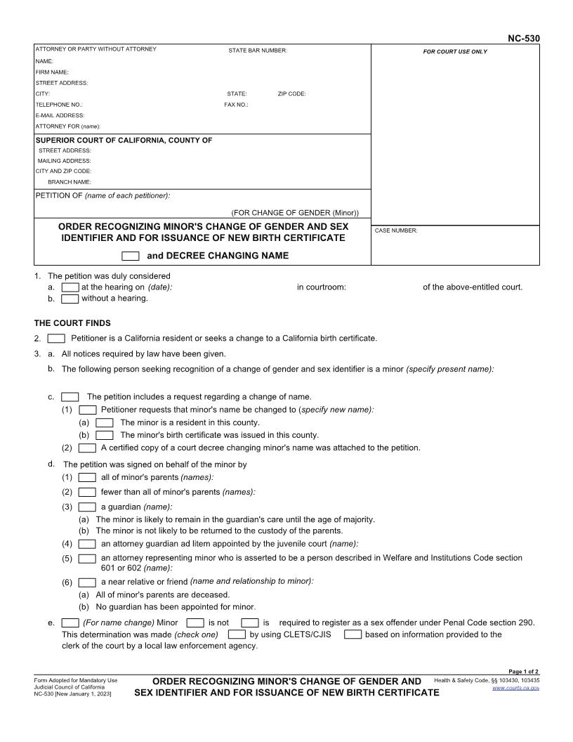 Order Recognizing Minors Change Of Gender And Sex Identifier And For Issuance {NC-530} | Pdf Fpdf Docx | California