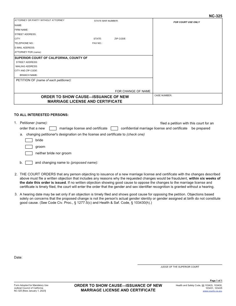 Order To Show Cause-Issuance Of New Marriage License And Certificate {NC-325} | Pdf Fpdf Docx | California