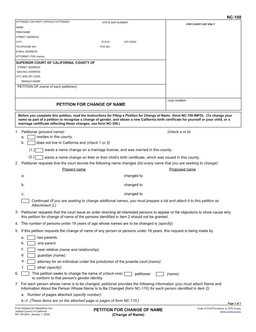 Petition For Change Of Name (Change Of Name) {NC-100} | Pdf Fpdf Docx | California