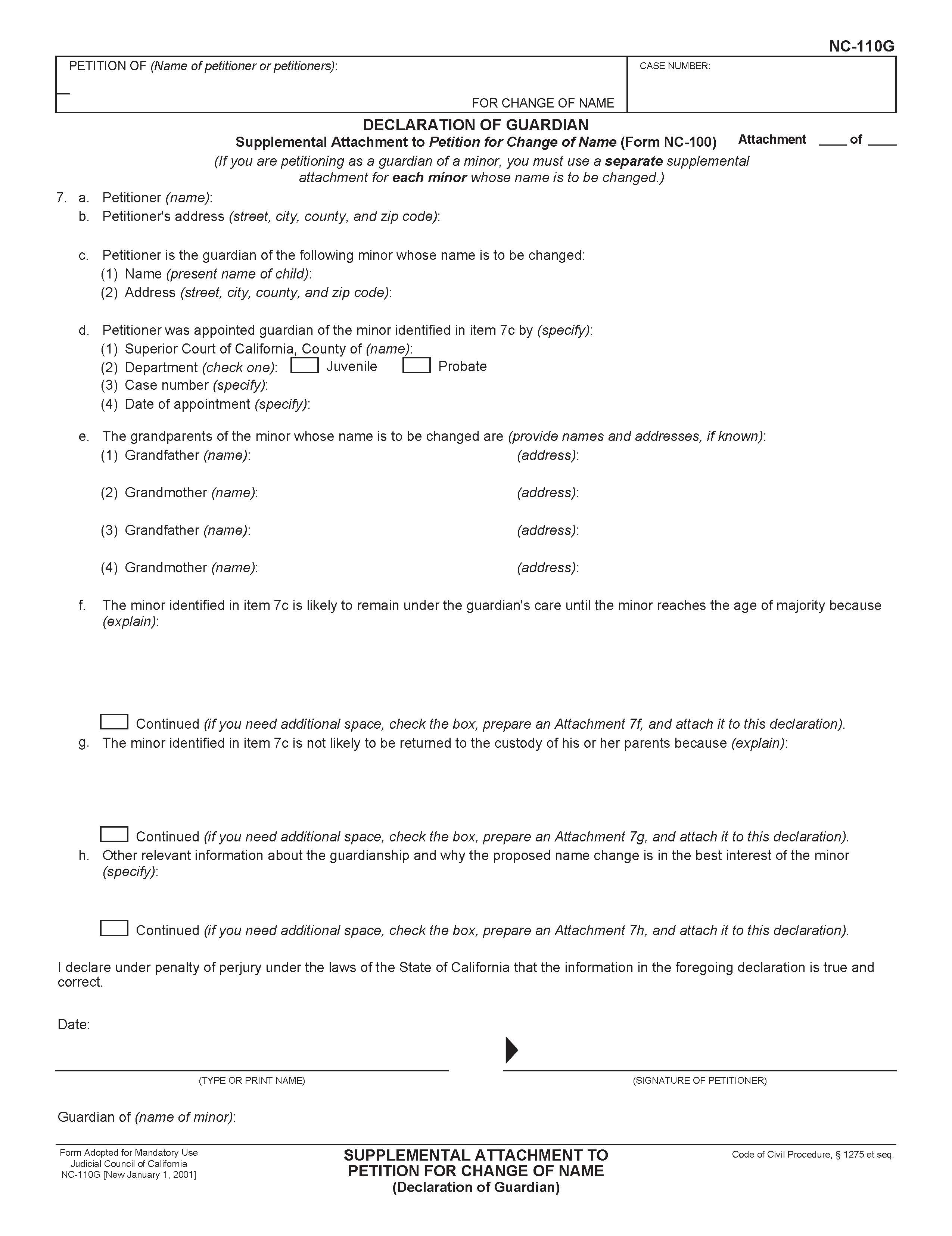 Supplemental Attachment To Petition For Change Of Name {NC-110G} | Pdf Fpdf Doc Docx | California
