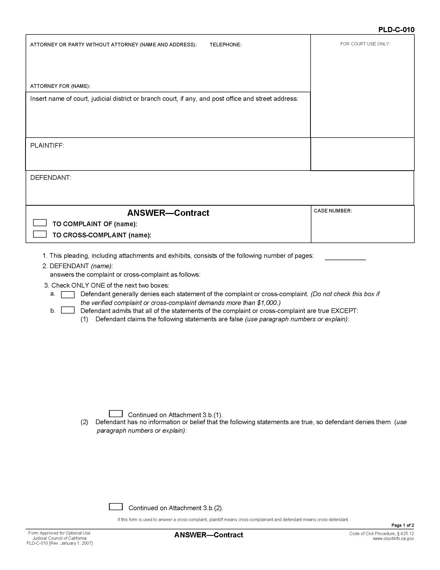 Answer-Contract {PLD-C-010} | Pdf Fpdf Doc Docx | California
