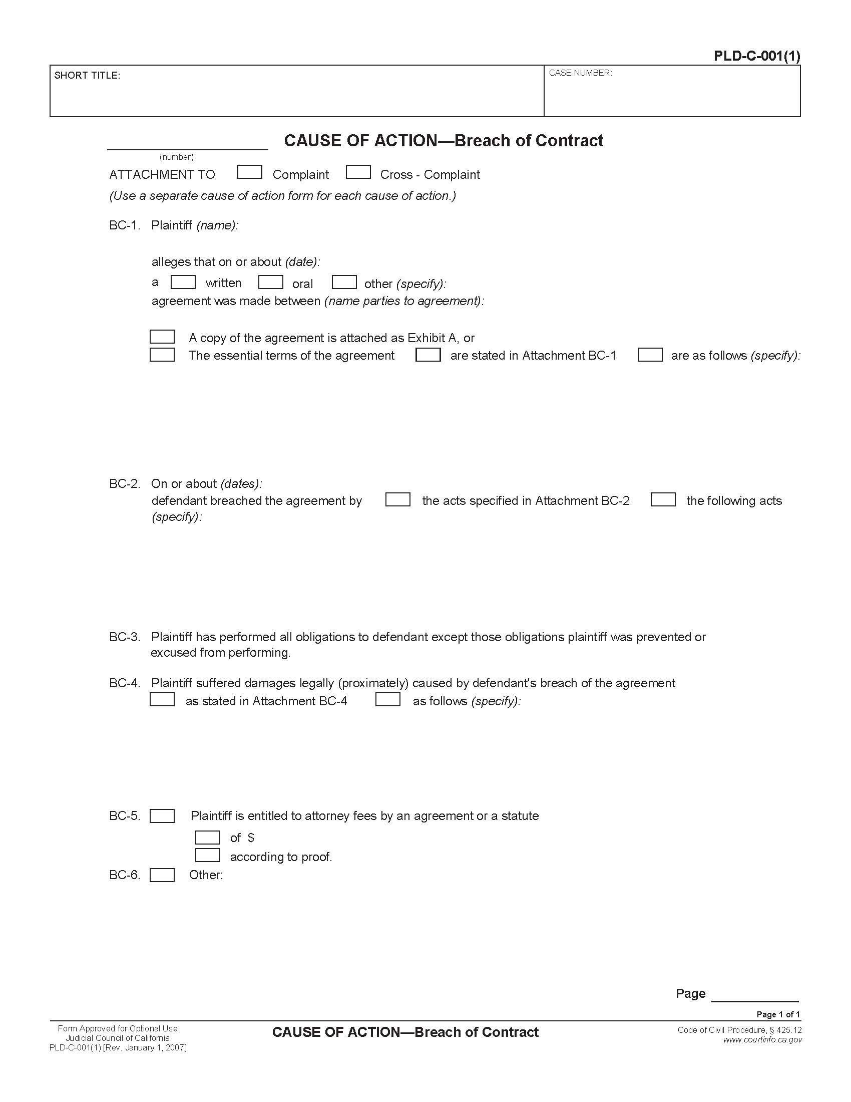 Cause Of Action-Breach Of Contract {PLD-C-001(1)} | Pdf Fpdf Doc Docx | California