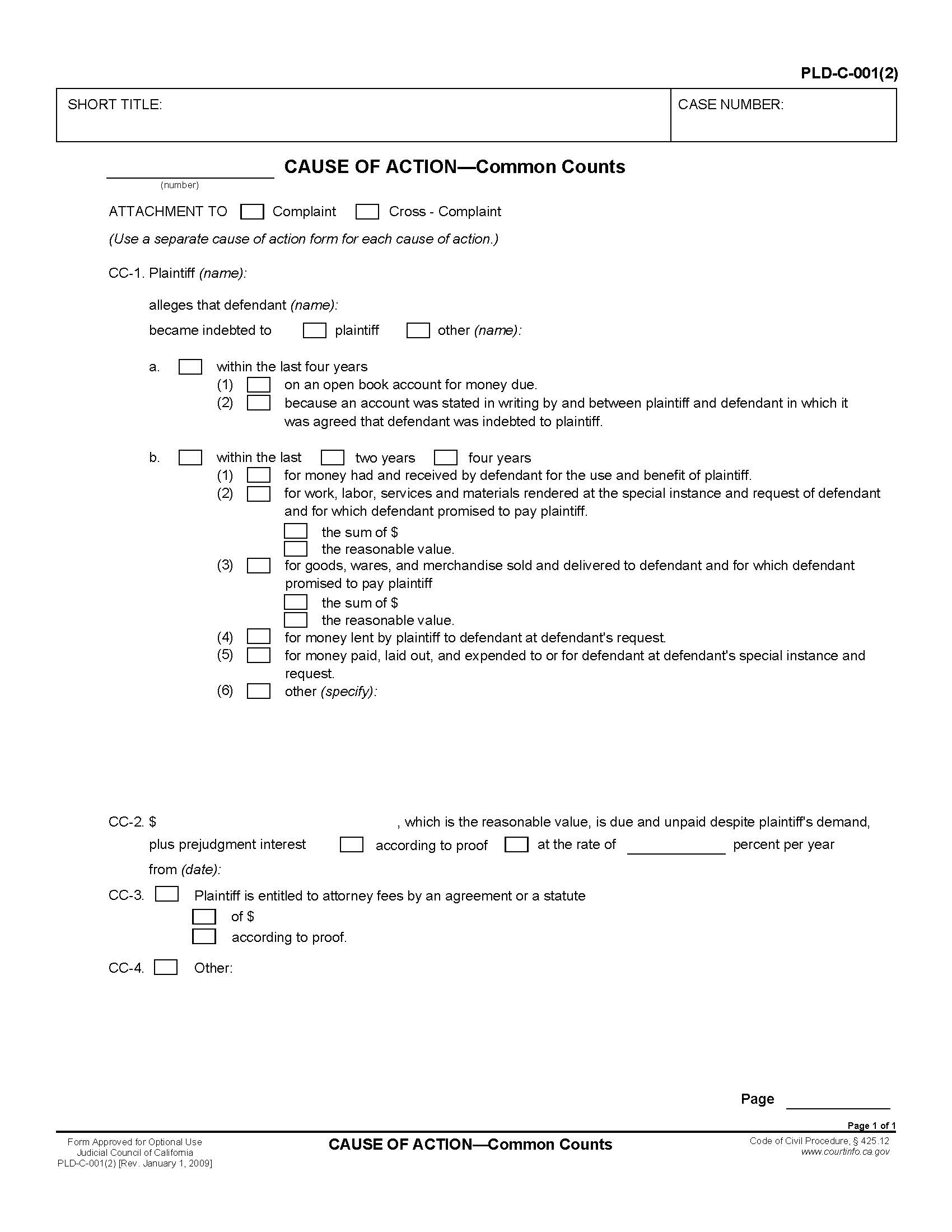 Cause Of Action-Common Counts {PLD-C-001(2)} | Pdf Fpdf Doc Docx | California