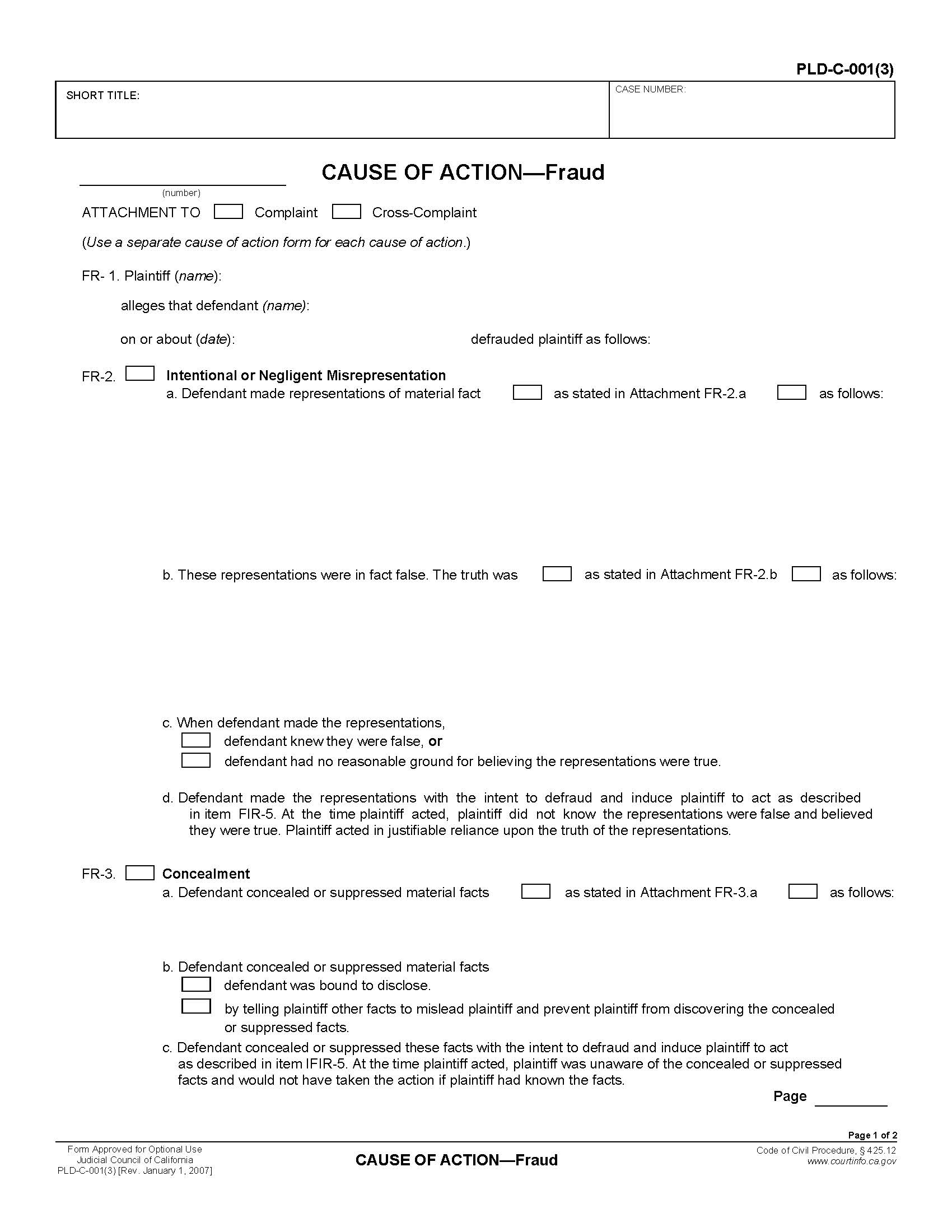 Cause Of Action-Fraud {PLD-C-001(3)} | Pdf Fpdf Doc Docx | California