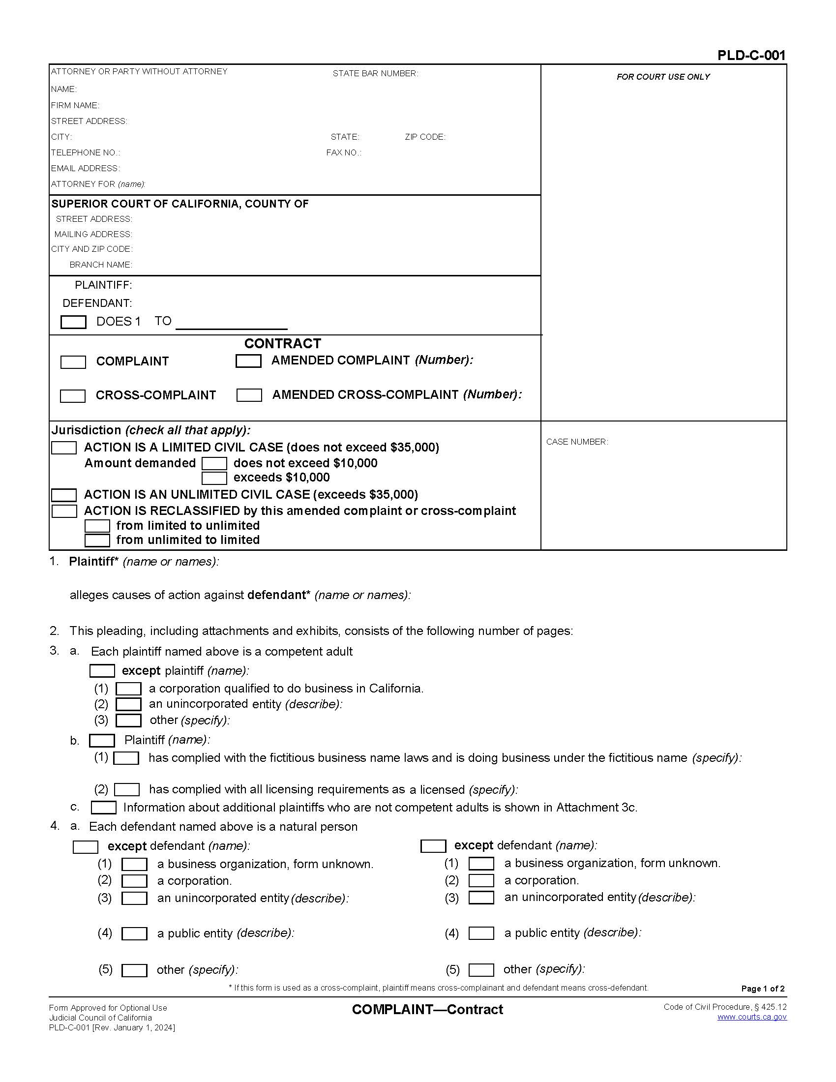 Complaint-Contract {PLD-C-001} | Pdf Fpdf Doc Docx | California