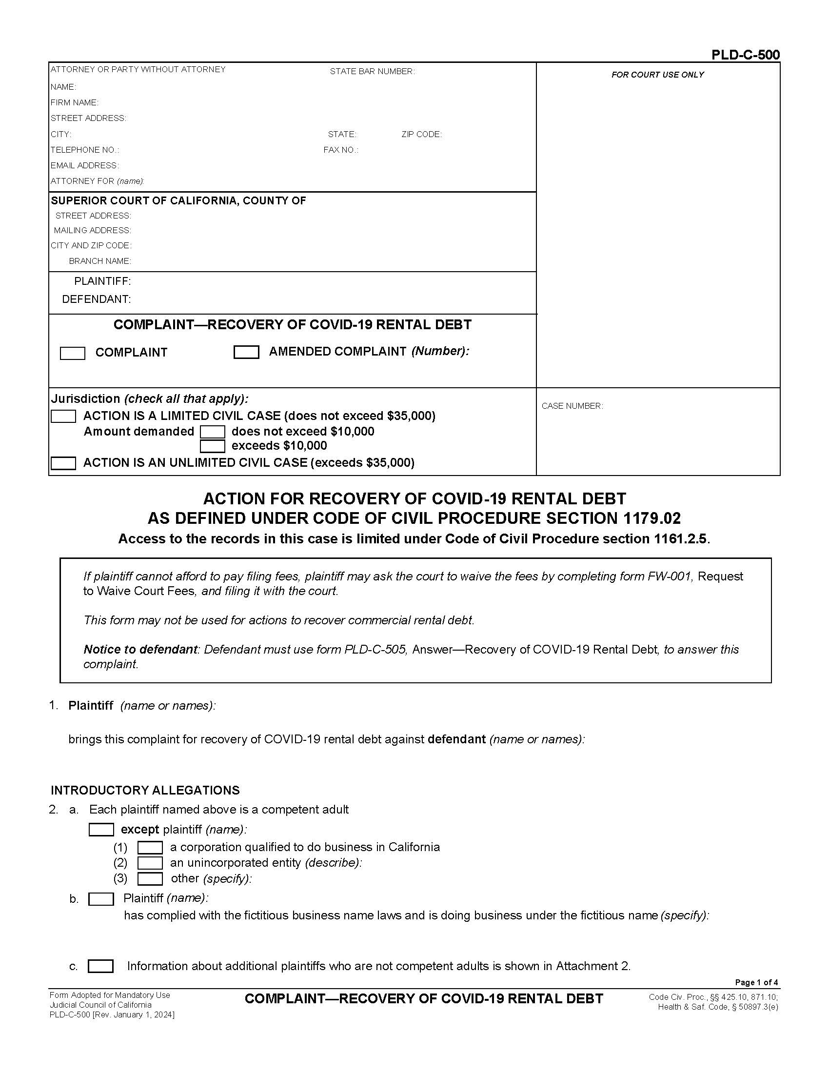 Complaint-Recovery Of COVID-19 Rental Debt {PLD-C-500} | Pdf Fpdf Docx | California