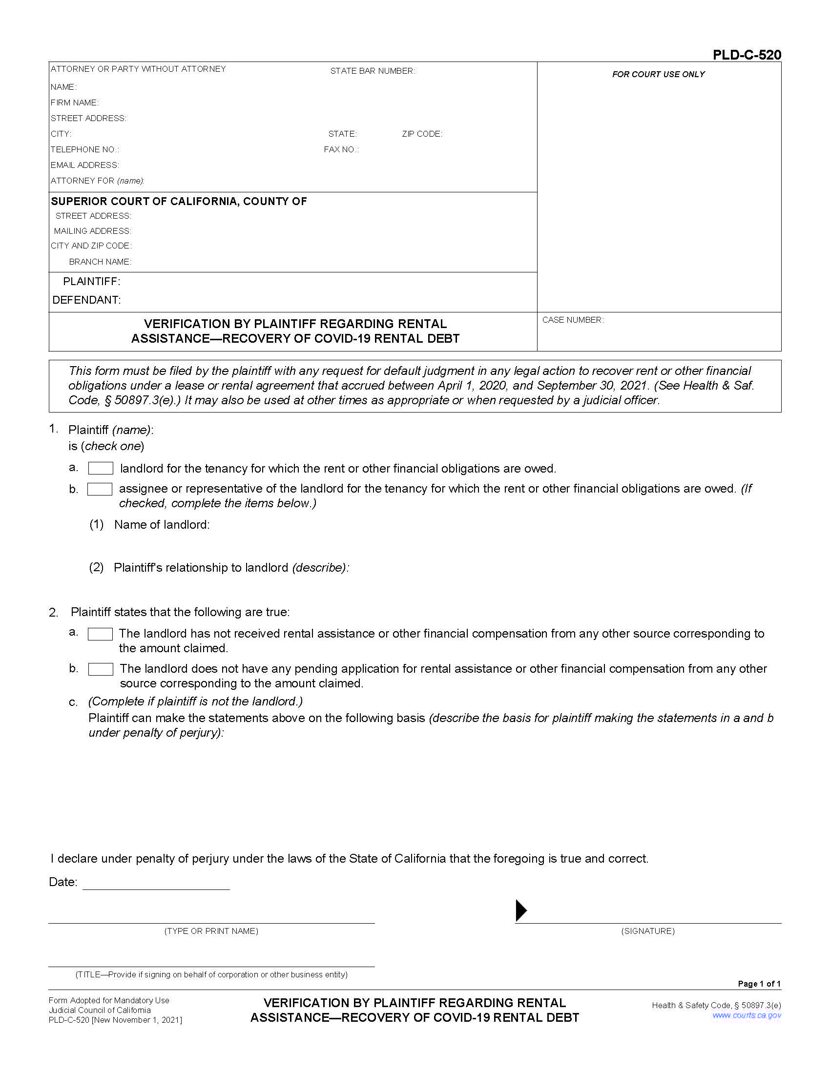 Verification By Plaintiff Regarding Rental Assistance-Recovery Of COVID-19 Rental Debt {PLD-C-520} | Pdf Fpdf Docx | California