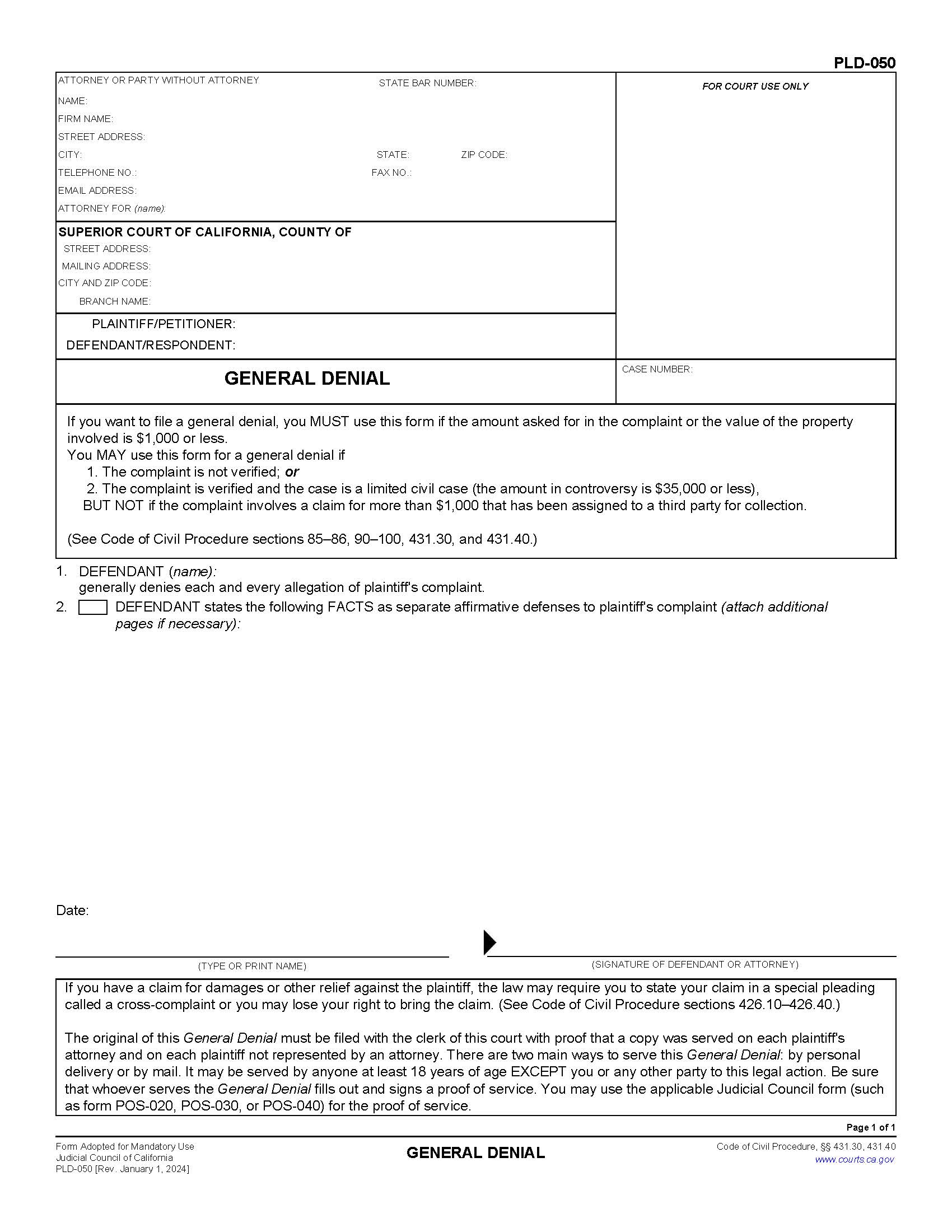General Denial {PLD-050} | Pdf Fpdf Doc Docx | California