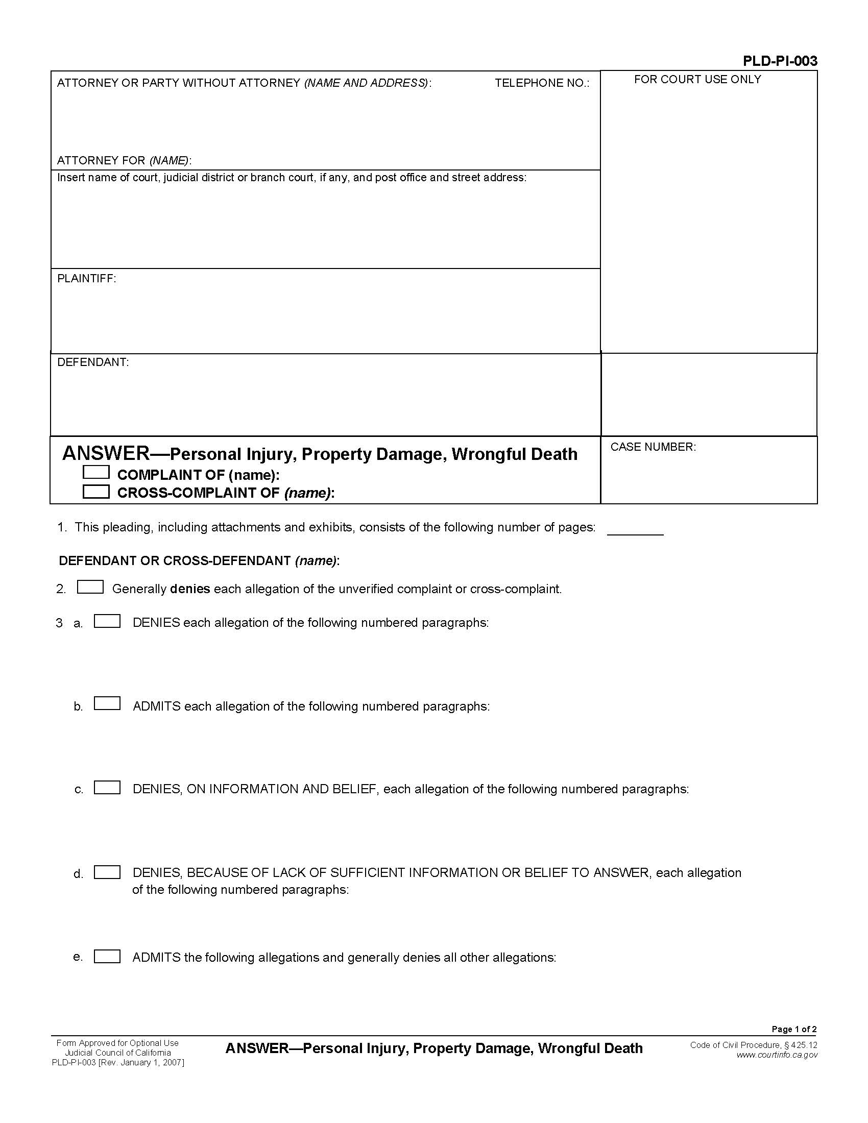 Answer-Personal Injury Property Damage Wrongful Death {PLD-PI-003} | Pdf Fpdf Doc Docx | California