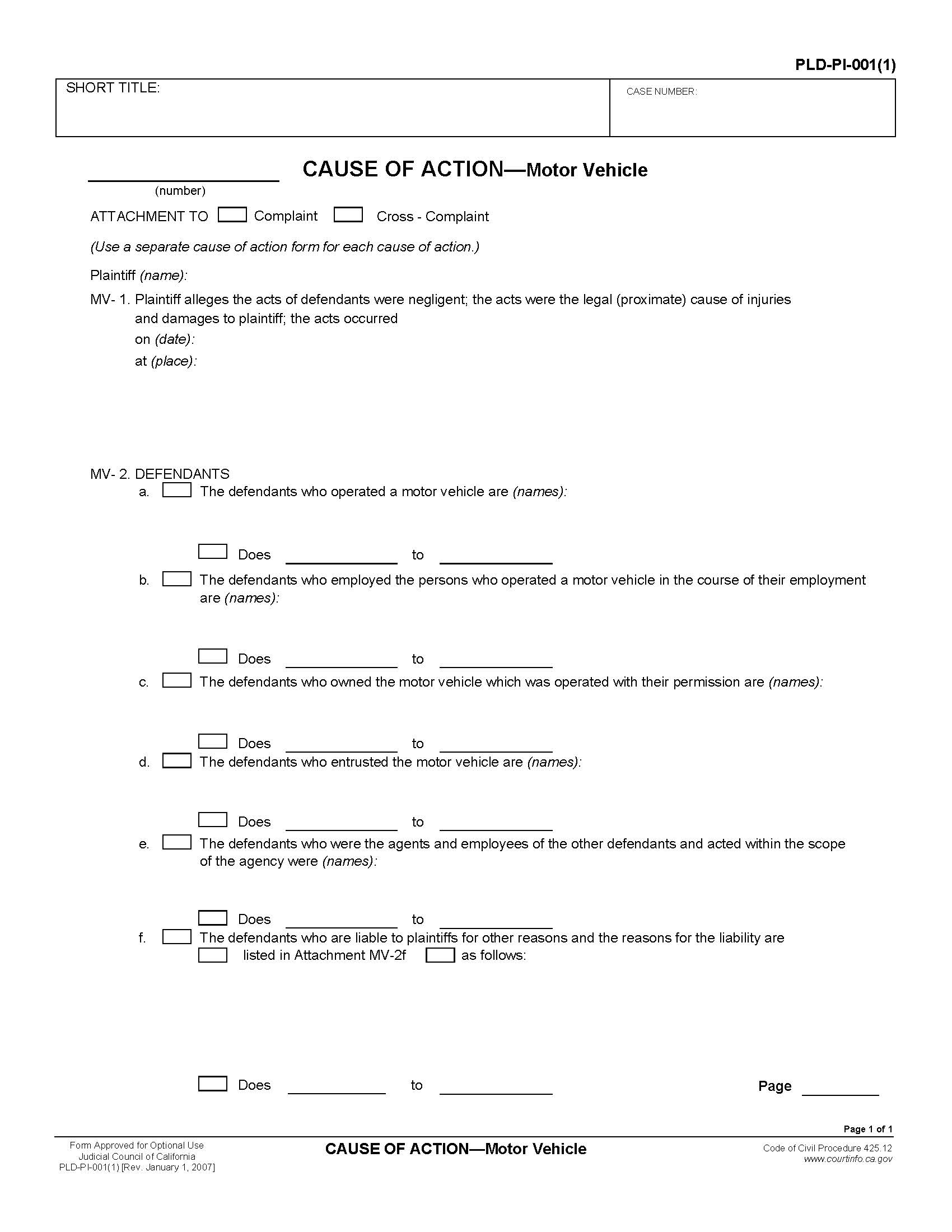Cause Of Action Motor Vehicle {PLD-PI-001(1)} | Pdf Fpdf Doc Docx | California