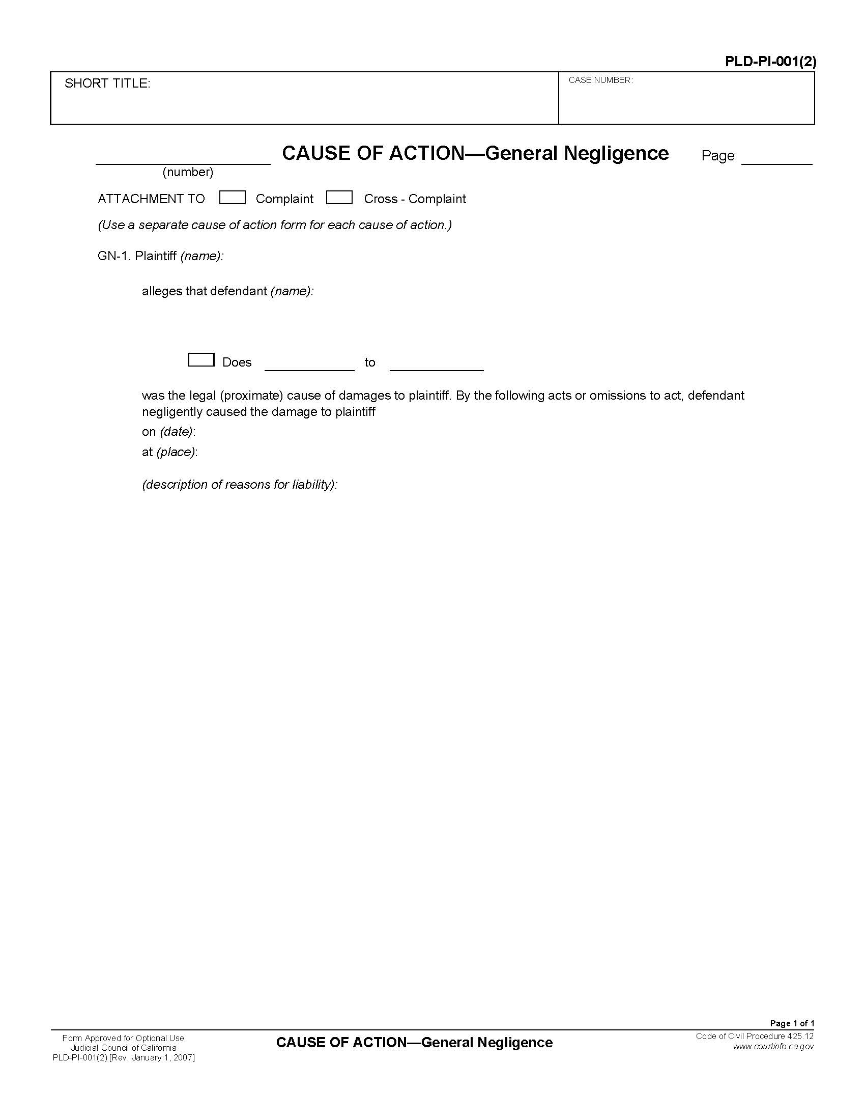 Cause Of Action-General Negligence {PLD-PI-001(2)} | Pdf Fpdf Doc Docx | California