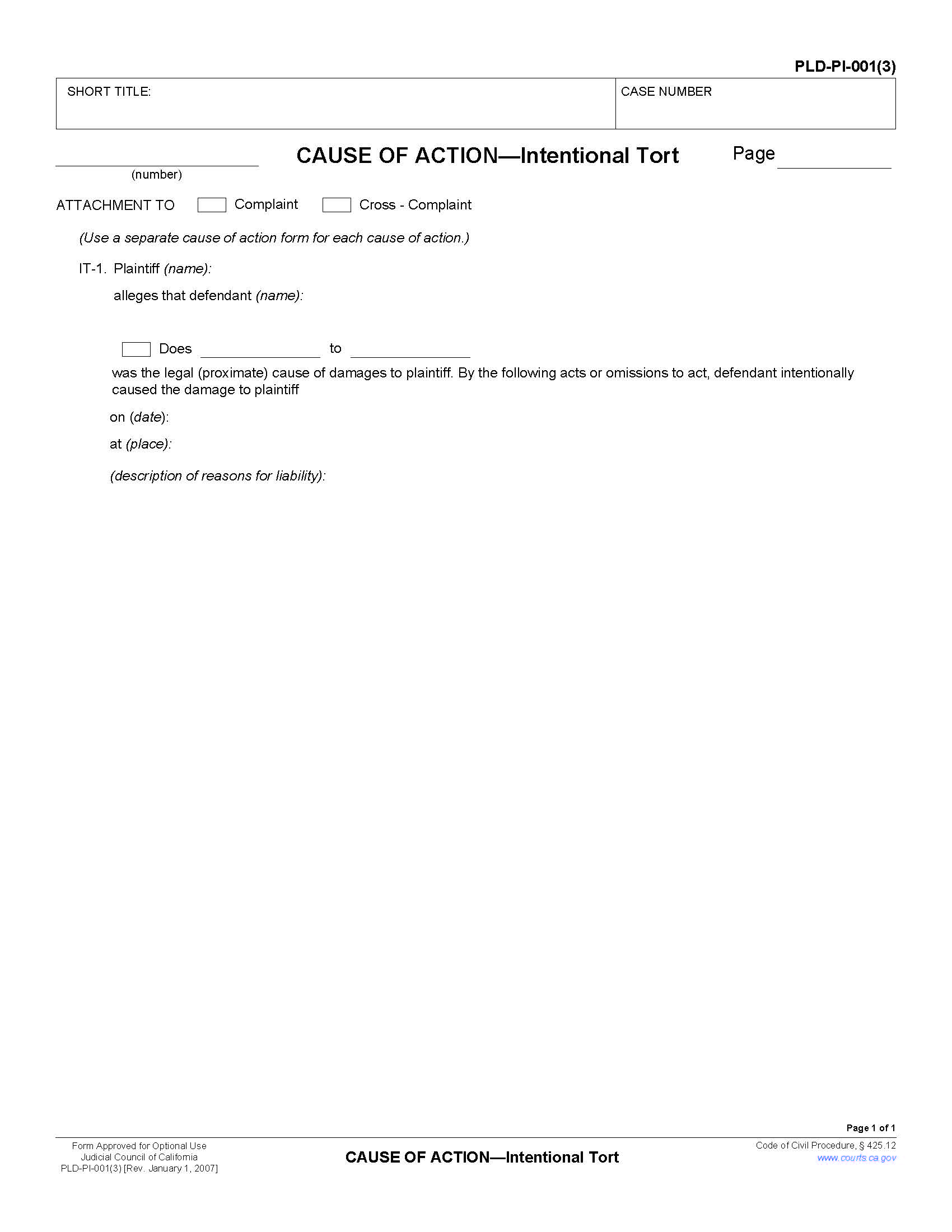 Cause Of Action-Intentional Tort {PLD-PI-001(3)} | Pdf Fpdf Doc Docx | California