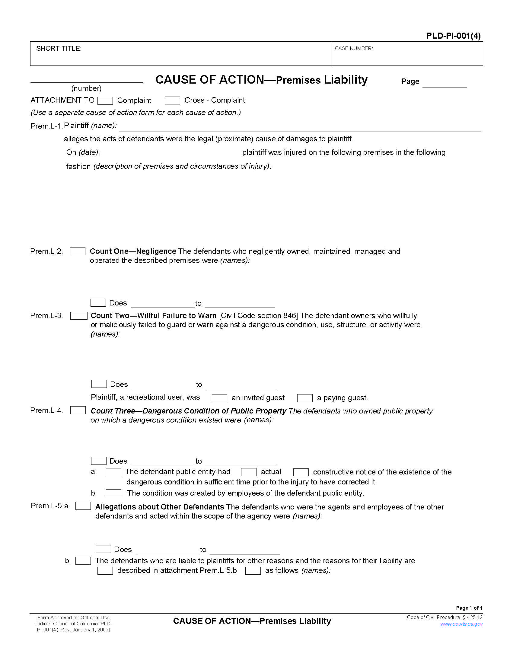Cause Of Action-Premises Liability {PLD-PI-001(4)} | Pdf Fpdf Doc Docx | California