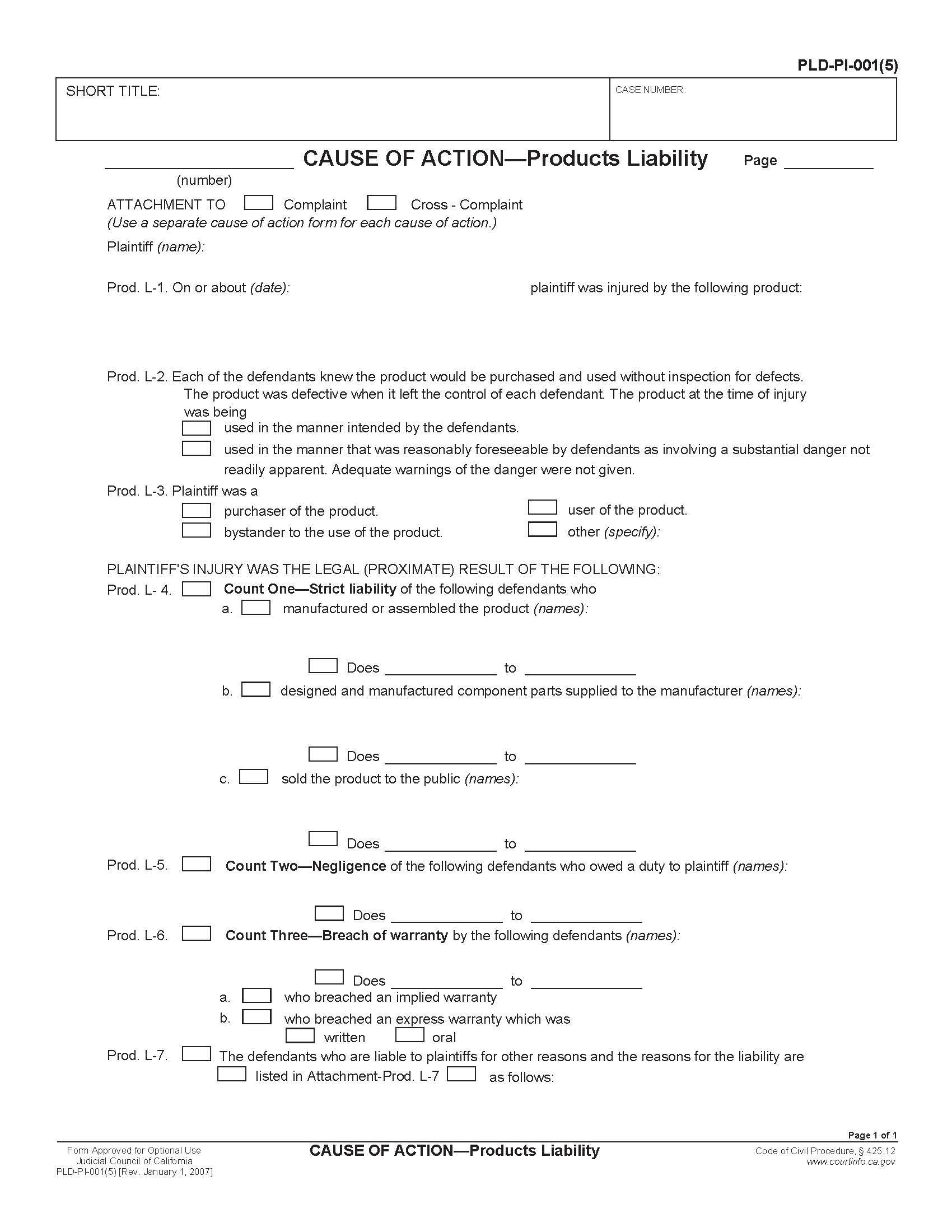 Cause Of Action-Products Liability {PLD-PI-001(5)} | Pdf Fpdf Doc Docx | California