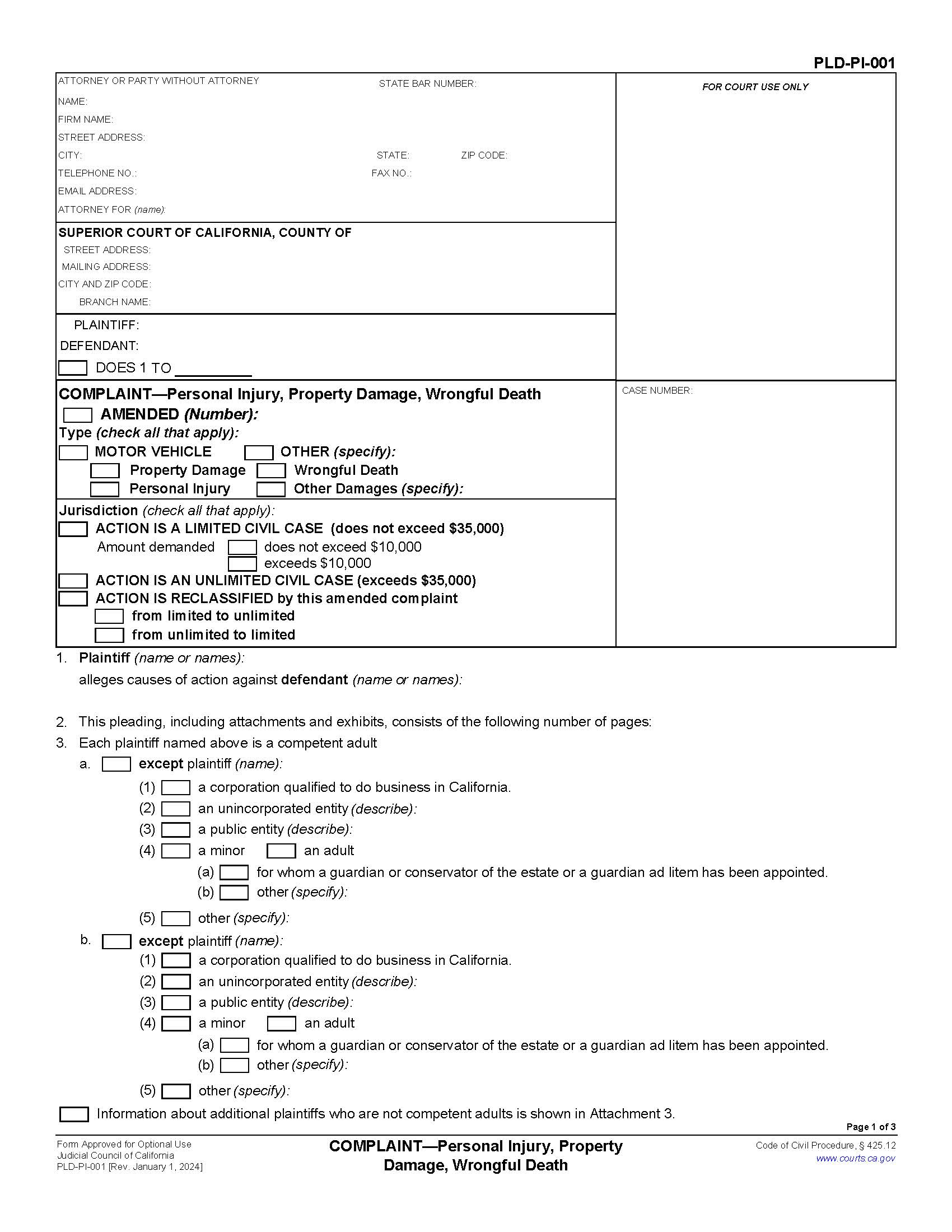 Complaint-Personal Injury Property Damage Wrongful Death {PLD-PI-001} | Pdf Fpdf Doc Docx | California
