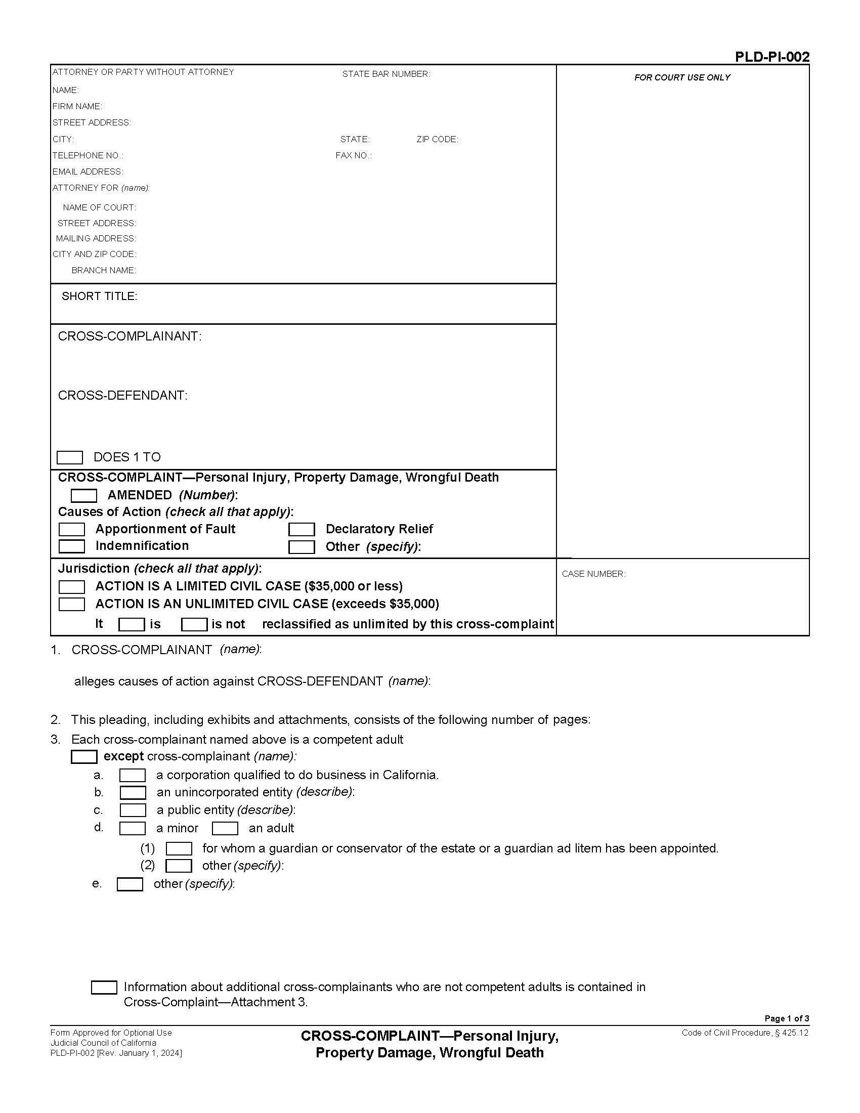Cross Complaint Personal Injury Property Damage Wrongful Death {PLD-PI-002} | Pdf Fpdf Doc Docx | California