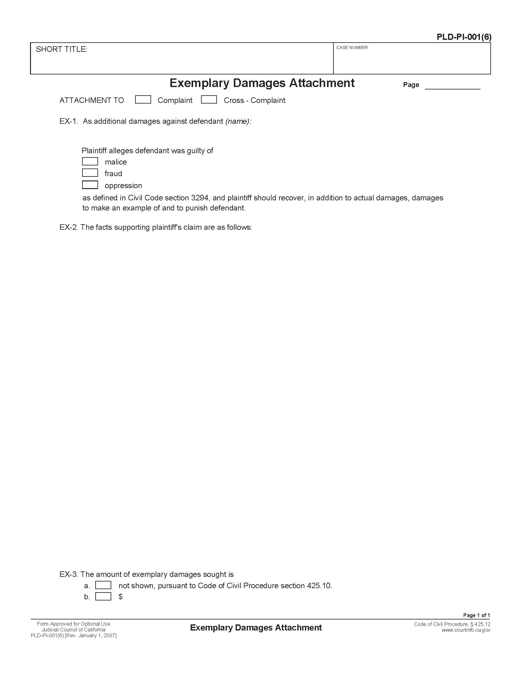 Exemplary Damages Attachment {PLD-PI-001(6)} | Pdf Fpdf Doc Docx | California