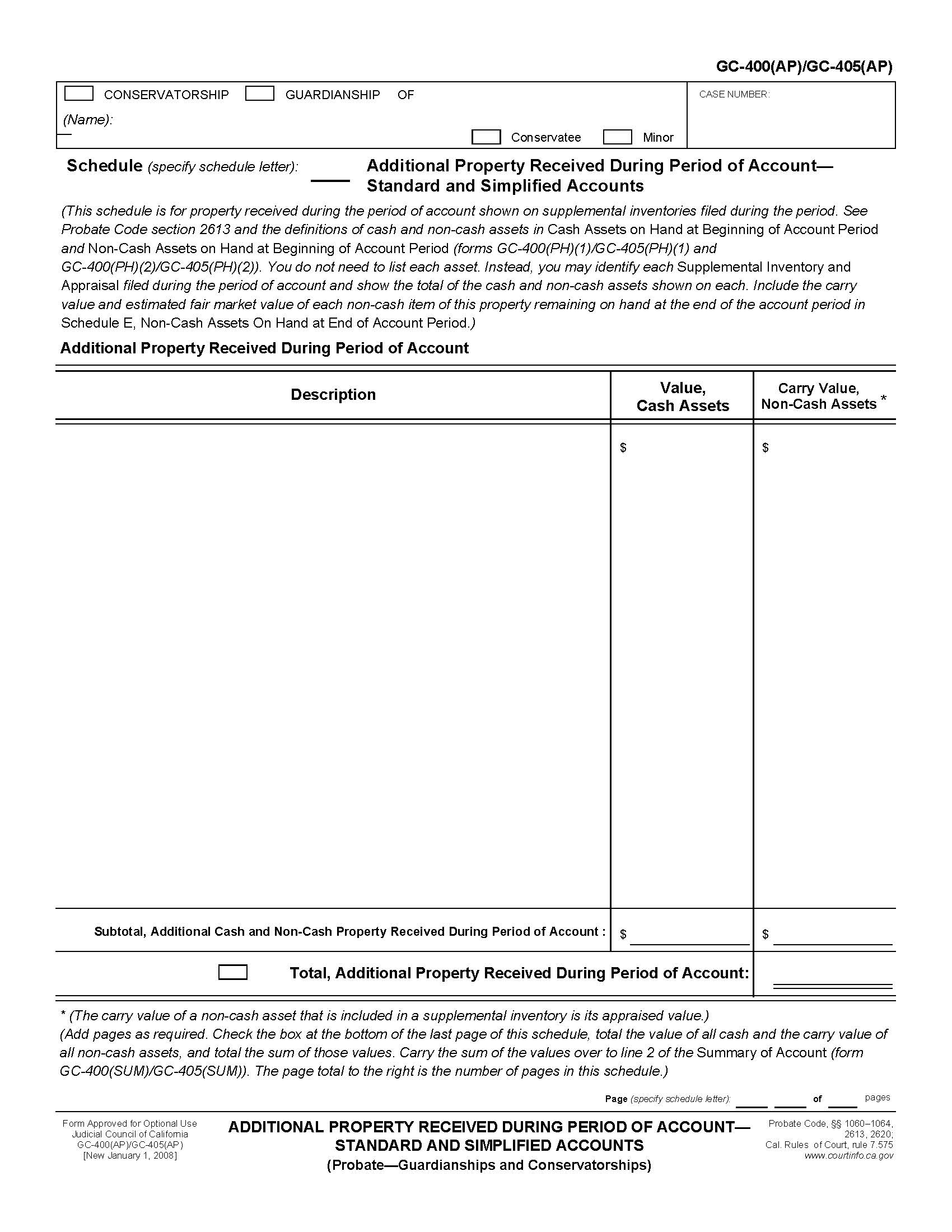 Additional Property Received During Period Of Account-Standard And Simplified Accounts {GC-400(AP) GC-405(AP)} | Pdf Fpdf Doc Docx | California