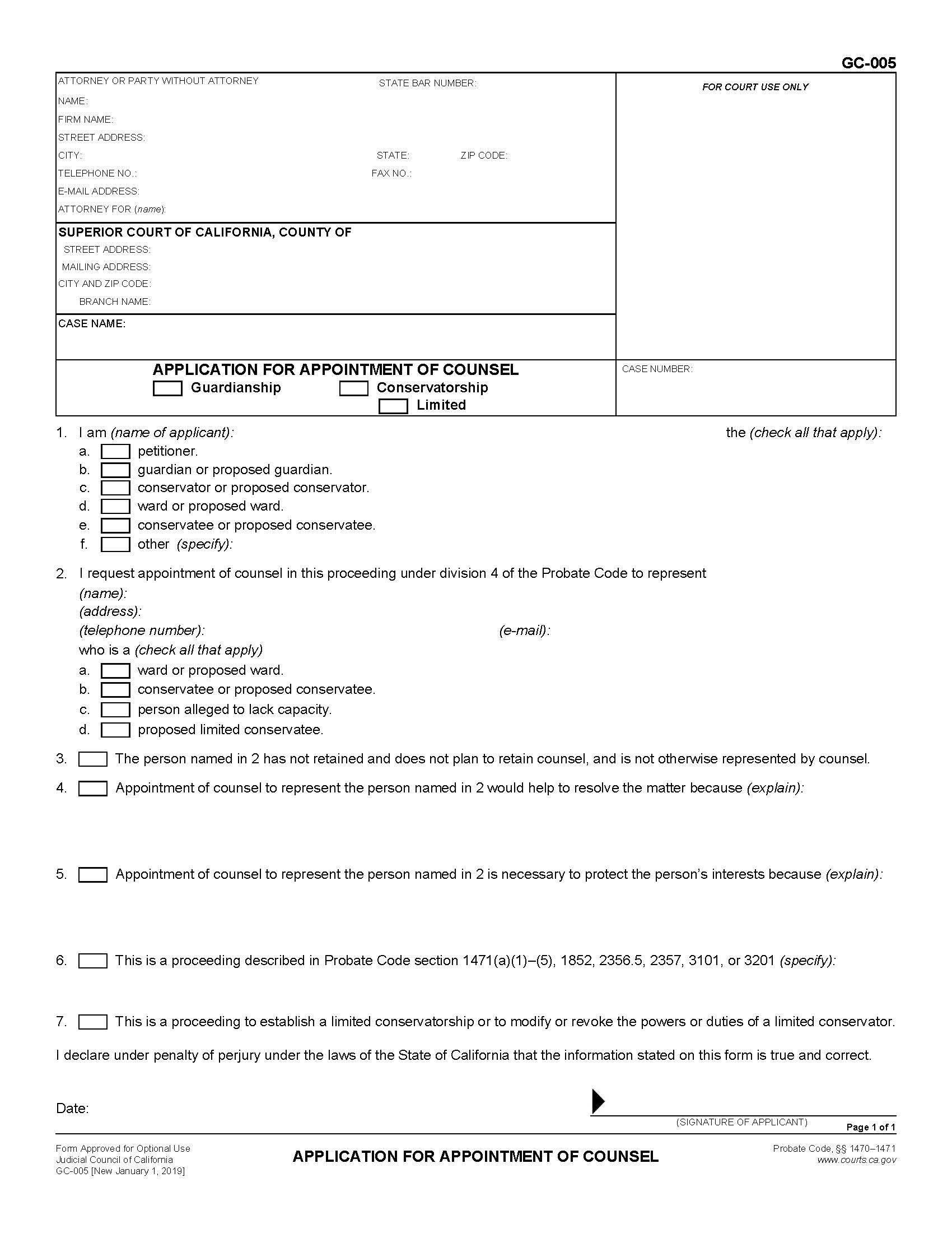 Application For Appointment Of Counsel {GC-005} | Pdf Fpdf Docx | California