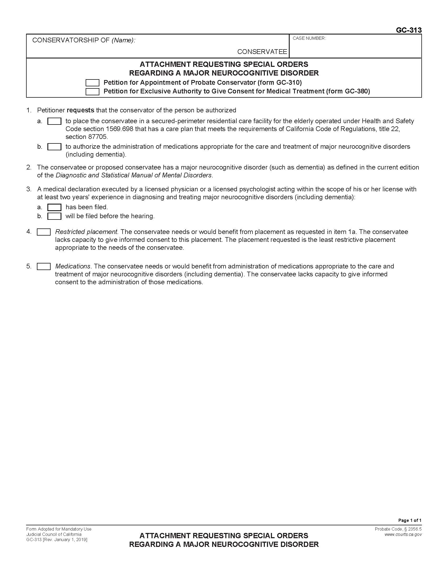 Attachment Requesting Special Orders Regarding A Major Neurocognitive Disorder {GC-313} | Pdf Fpdf Docx | California