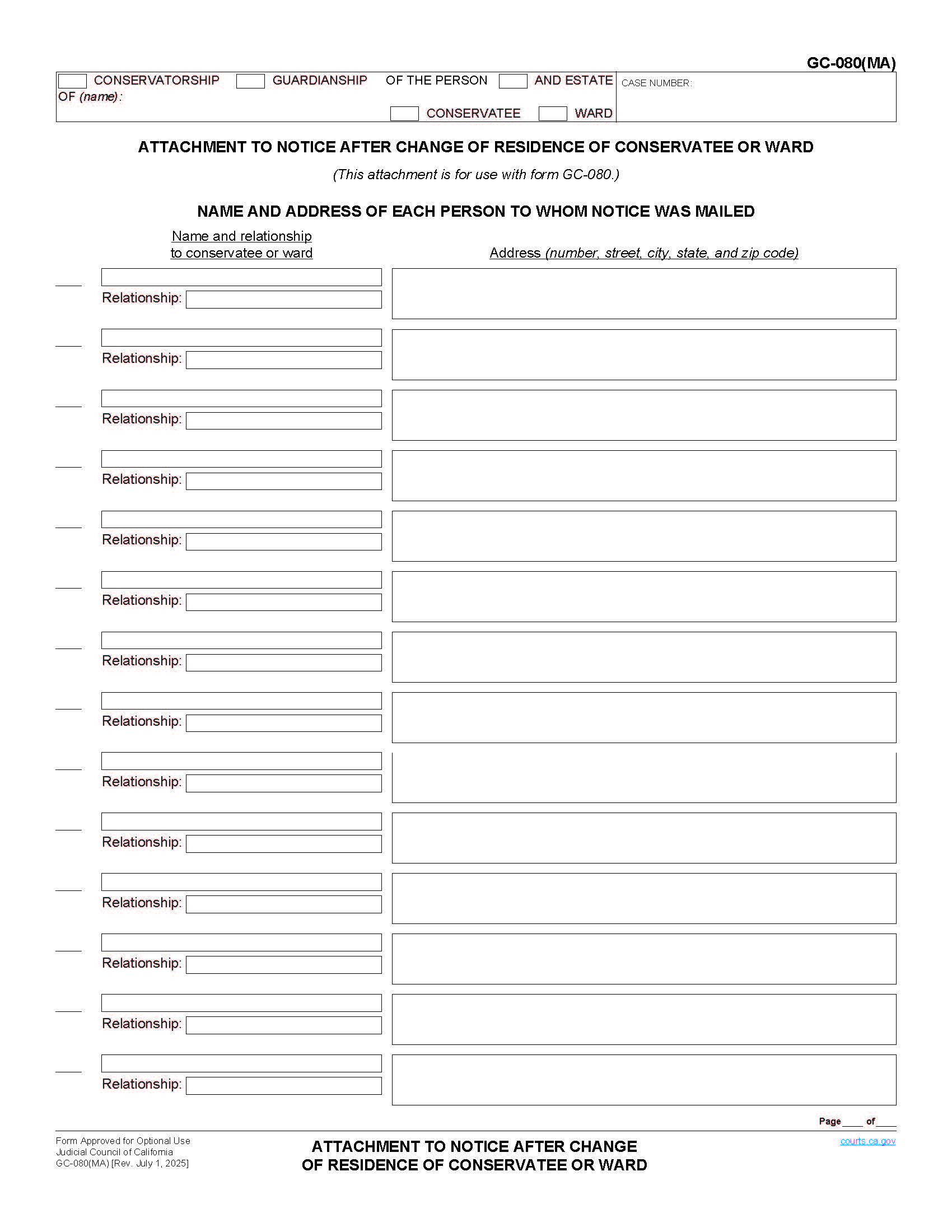 Attachment To Notice After Change Of Residence Of Conservatee Or Ward {GC-080(MA)} | Pdf Fpdf Doc Docx | California