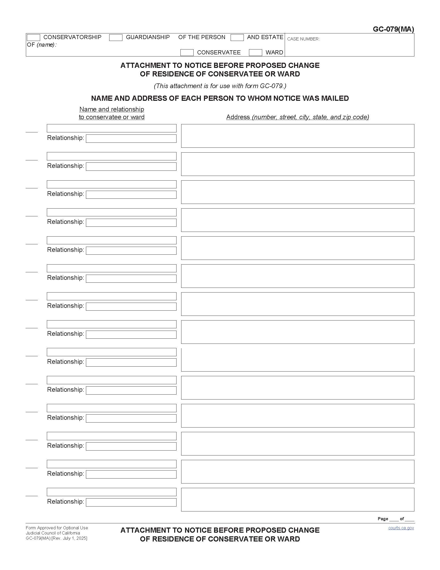 Attachment To Notice Before Proposed Change Of Residence Of Conservatee Or Ward {GC-079(MA)} | Pdf Fpdf Doc Docx | California