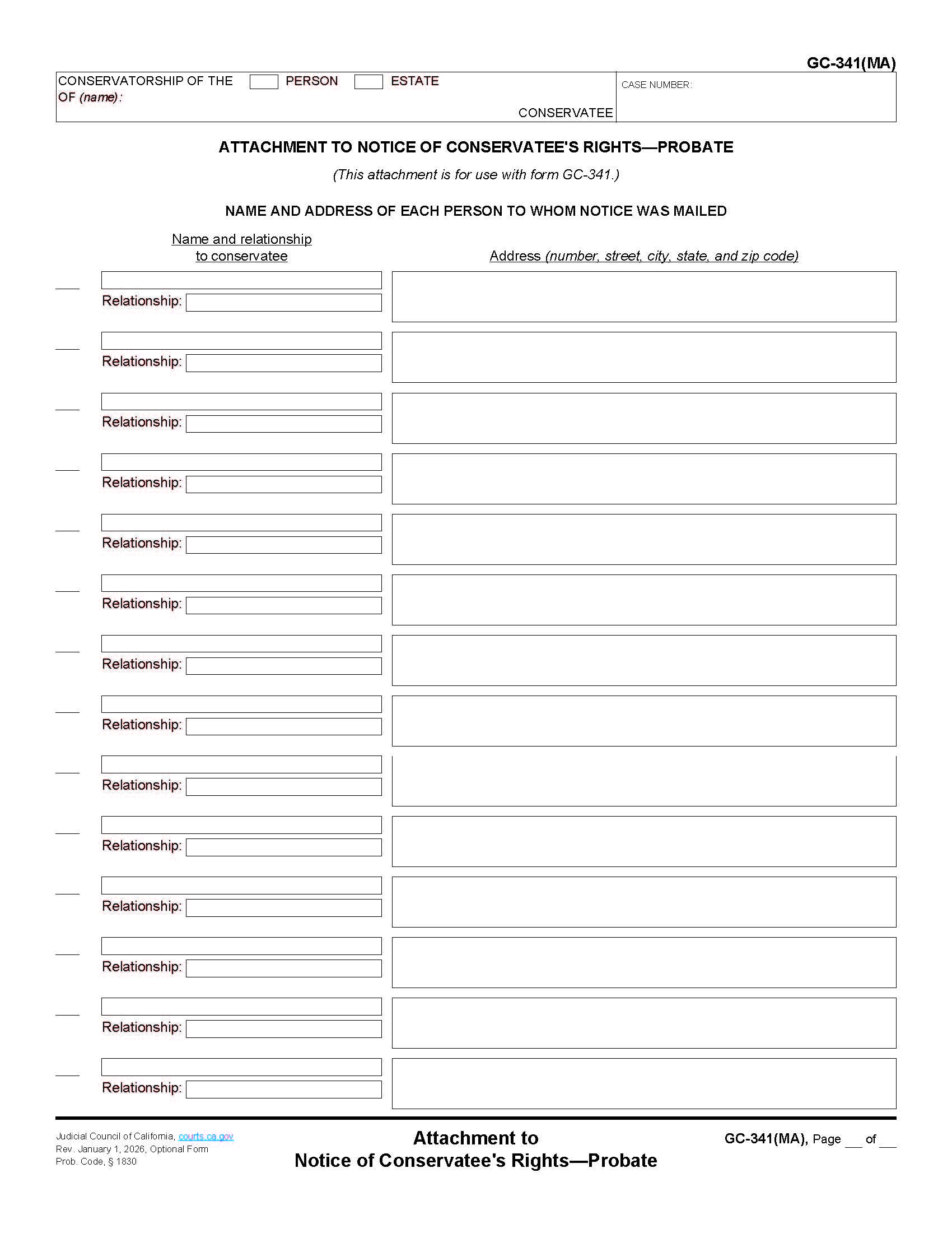 Attachment To Notice Of Conservatees Rights {GC-341(MA)} | Pdf Fpdf Doc Docx | California