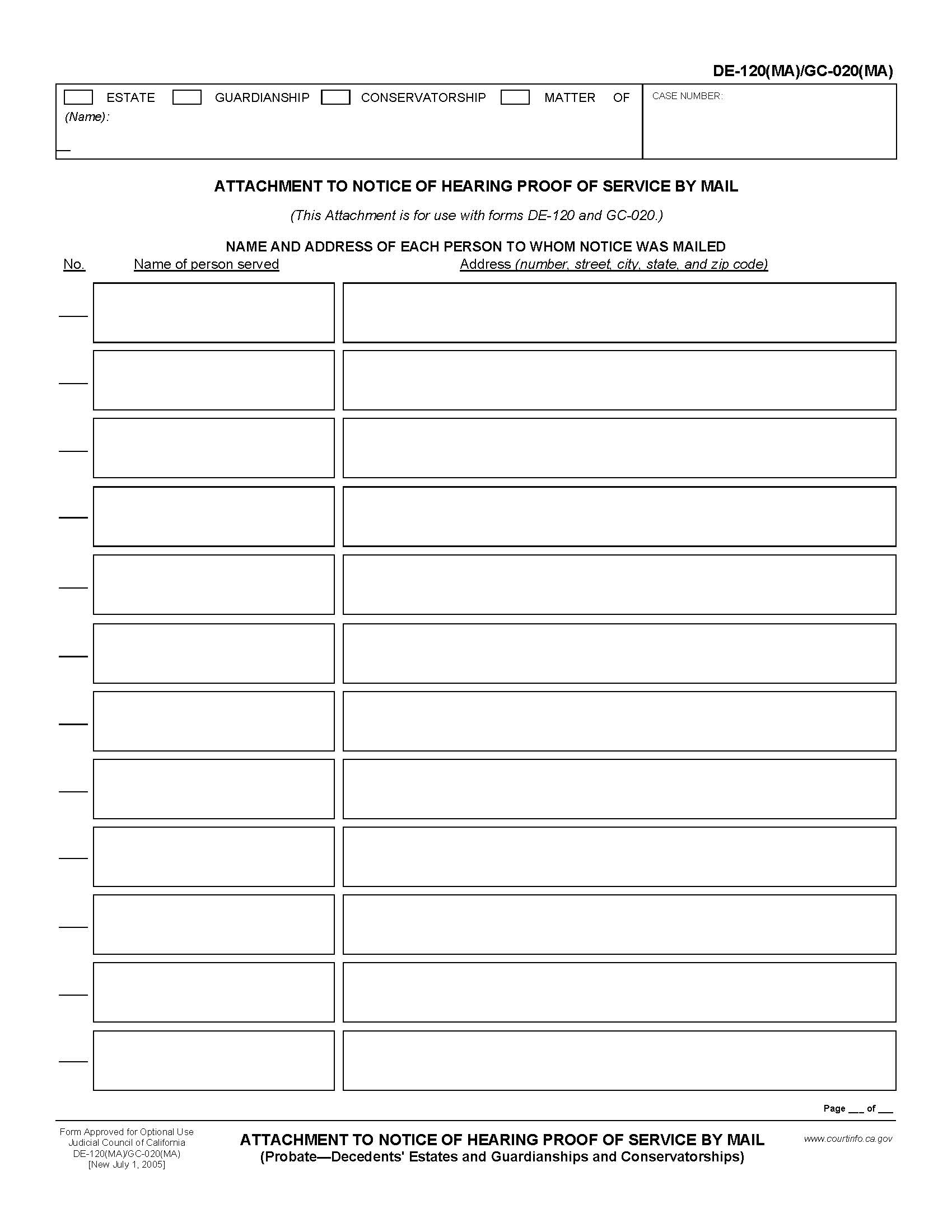 Attachment To Notice Of Hearing Proof Of Service By Mail (Probate-Guardianships And Conservatorships) {GC-020(MA)} | Pdf Fpdf Doc Docx | California